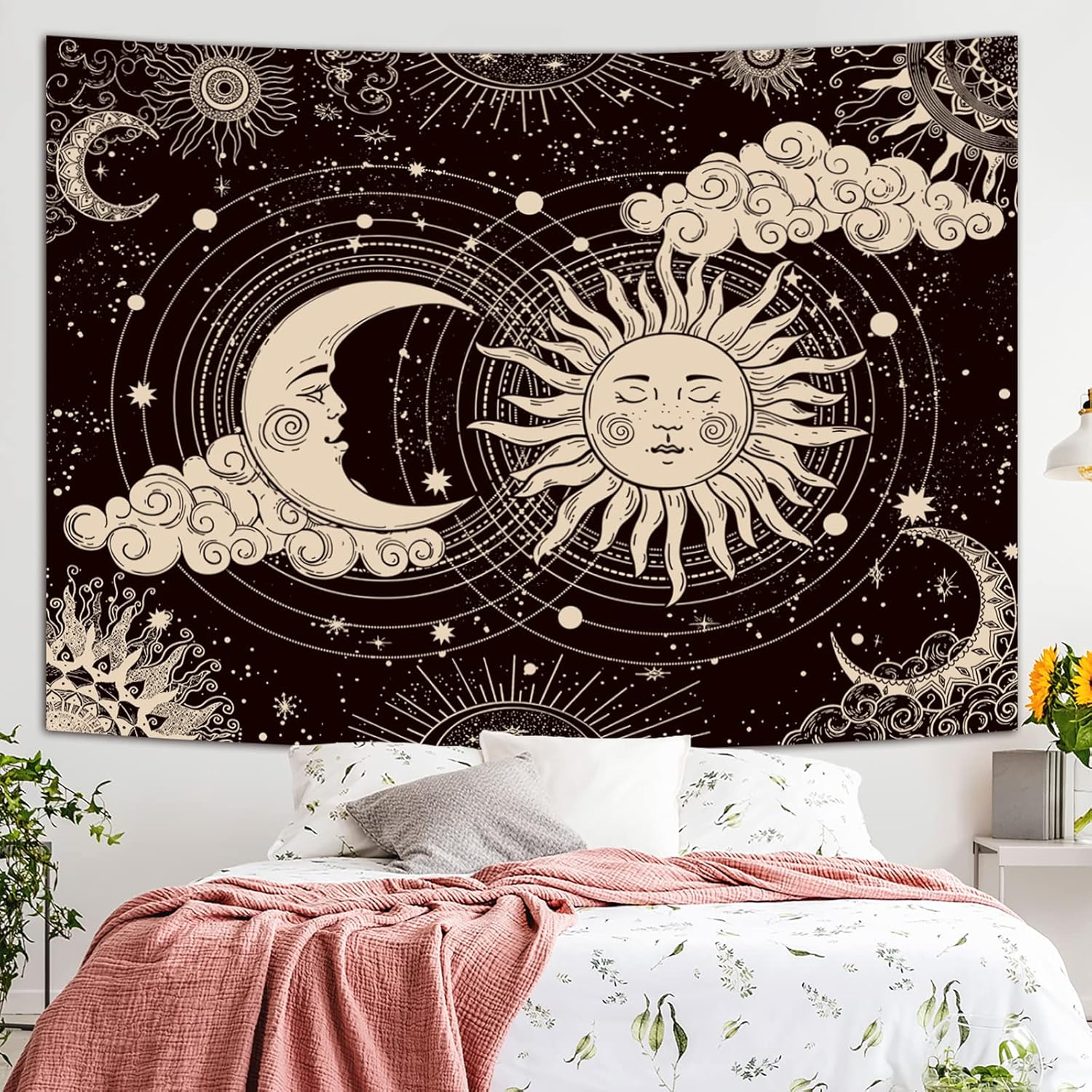 Sun and Moon Tapestry, Aesthetic Black Dark Spiritual Tapestries Mystic Burning Sun with Clouds Star Wall Hanging Decor for Bedroom (59.1" X 82.7") image number 1