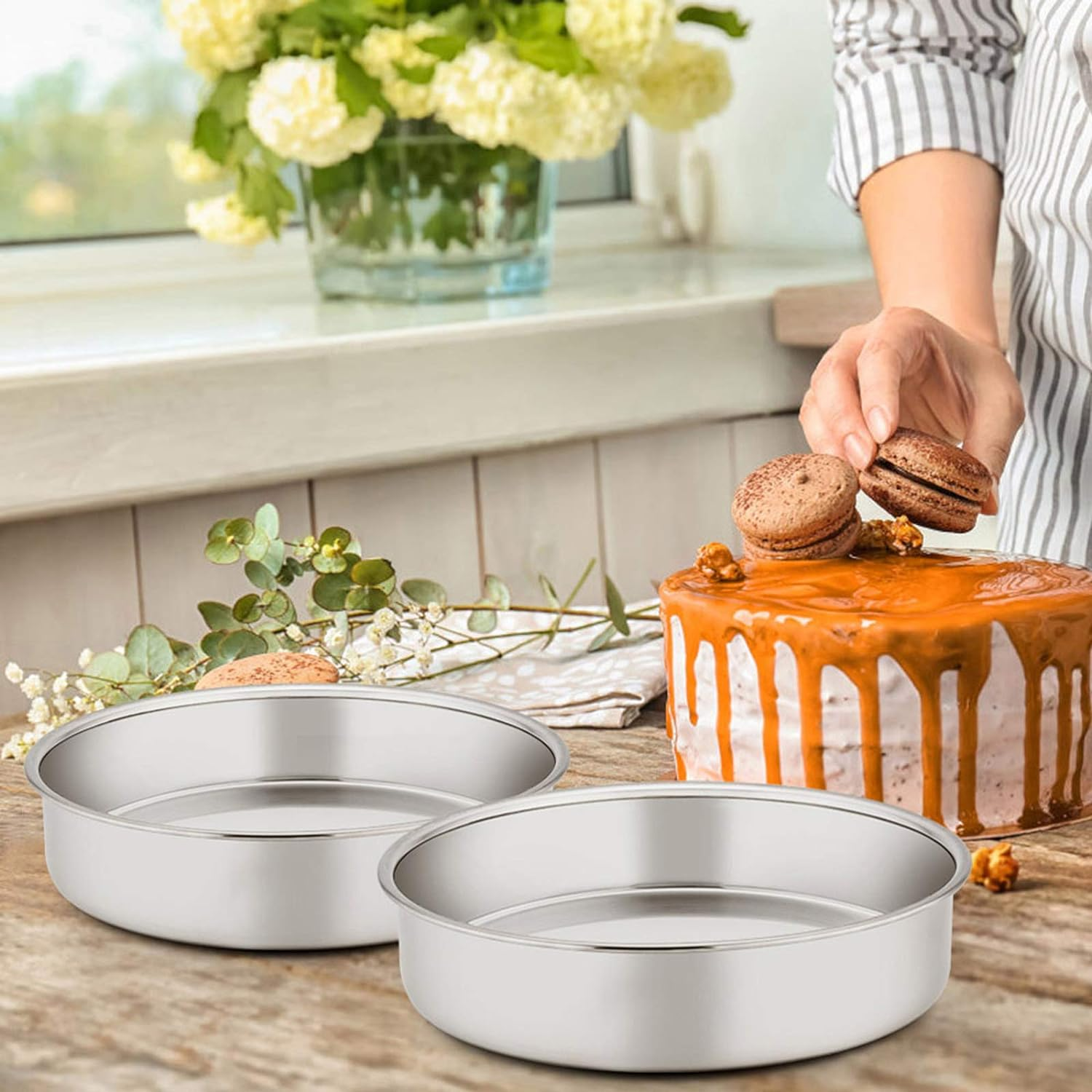 8 Inch Cake Pan Set of 3, E-Far Stainless Steel round Layer Cake Baking Pans, Non-Toxic & Healthy, Mirror Finish & Dishwasher Safe image number 4
