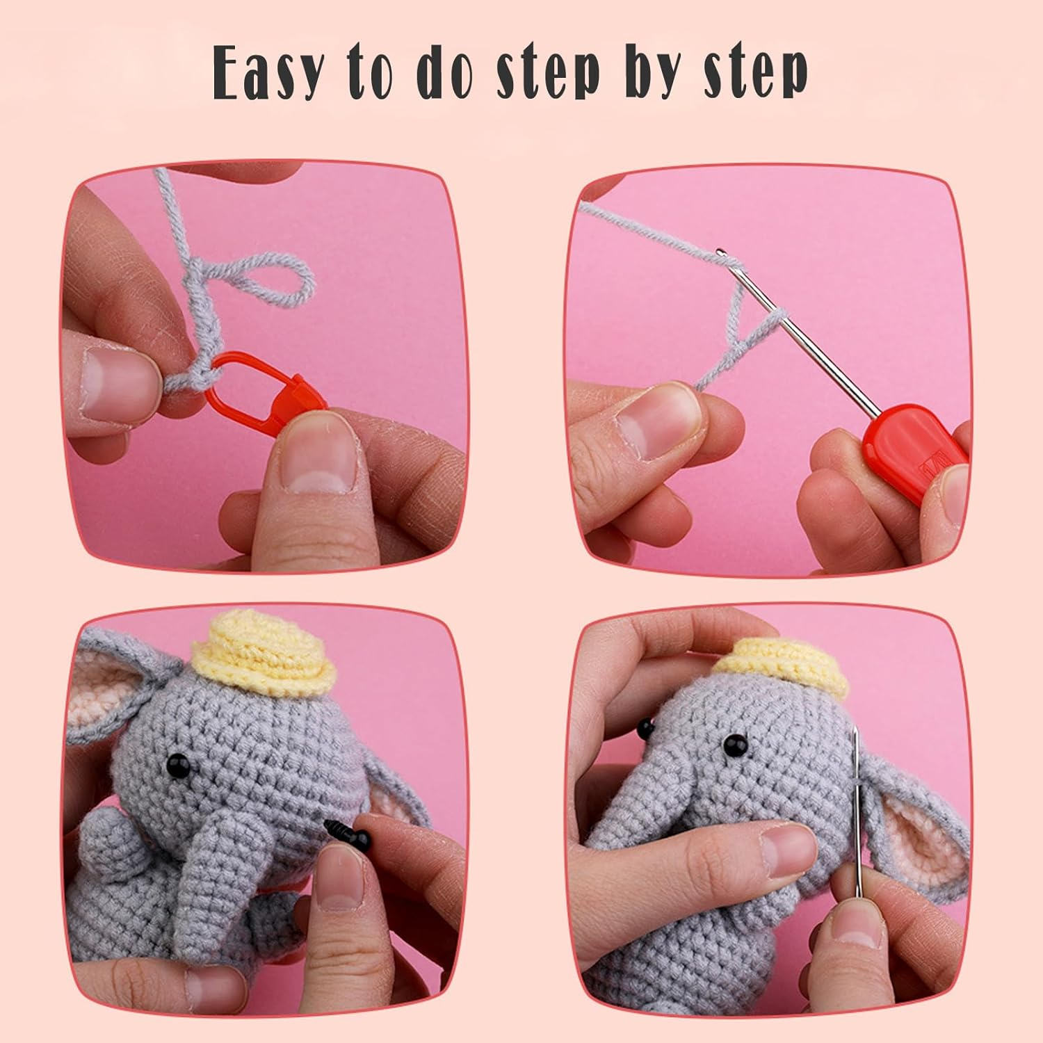 BRUIQIM Crochet Kit for Beginners, Crochet Starter Kits for Adults Step-By-Step Video Tutorials, Craft DIY Knitting Supplies, Crocheting Animals Kits for Women Men Complete Kit Included (Elephant)