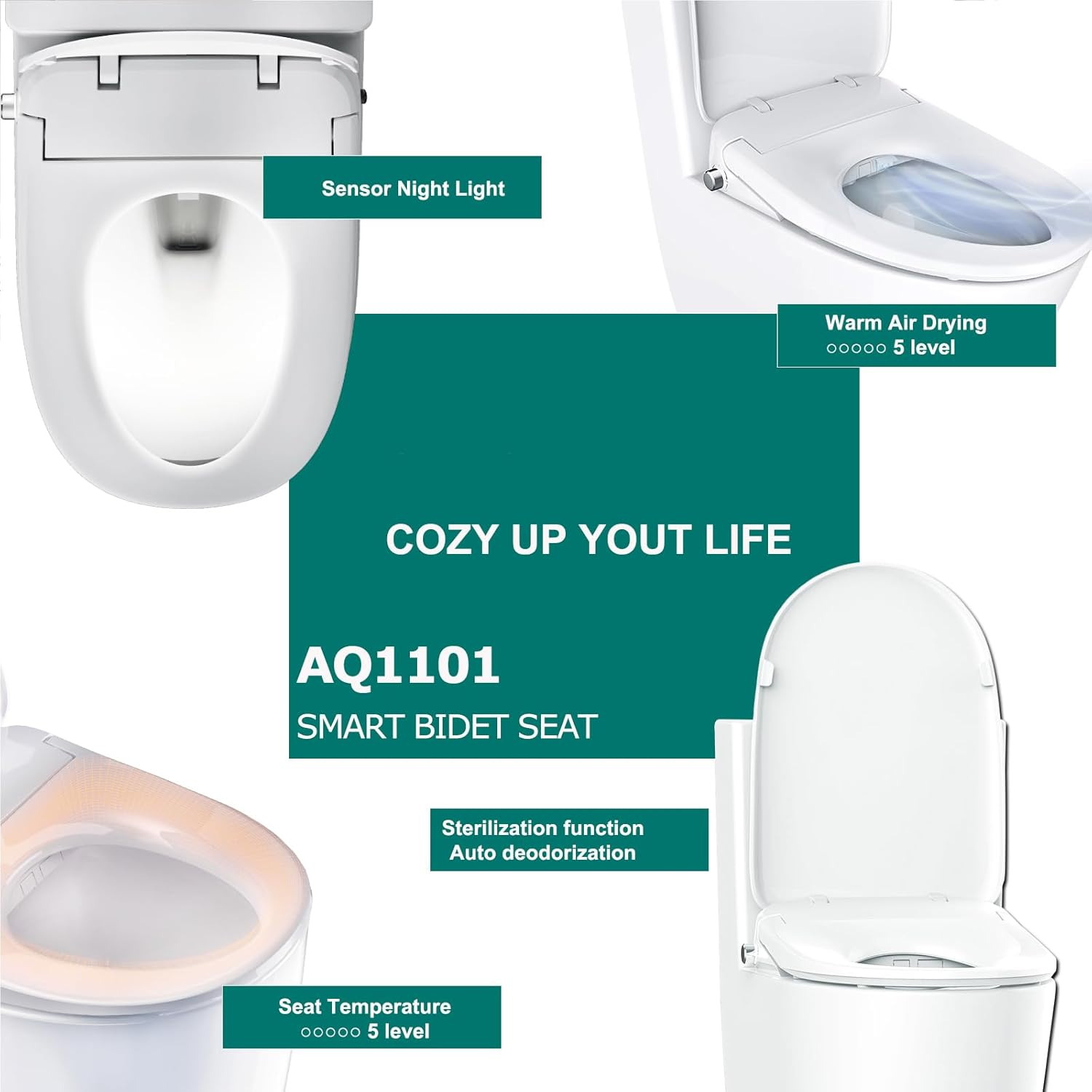 AQUATIZ D-Shaped Smart Toilet Seat, Electric Bidet Seat with Self-Cleaning Nozzle, Oscillating Cleaning,Adjustable Warm Water, Deodorizer, Air Dryer,Night Light,Soft Close (Remote Control) image number 1