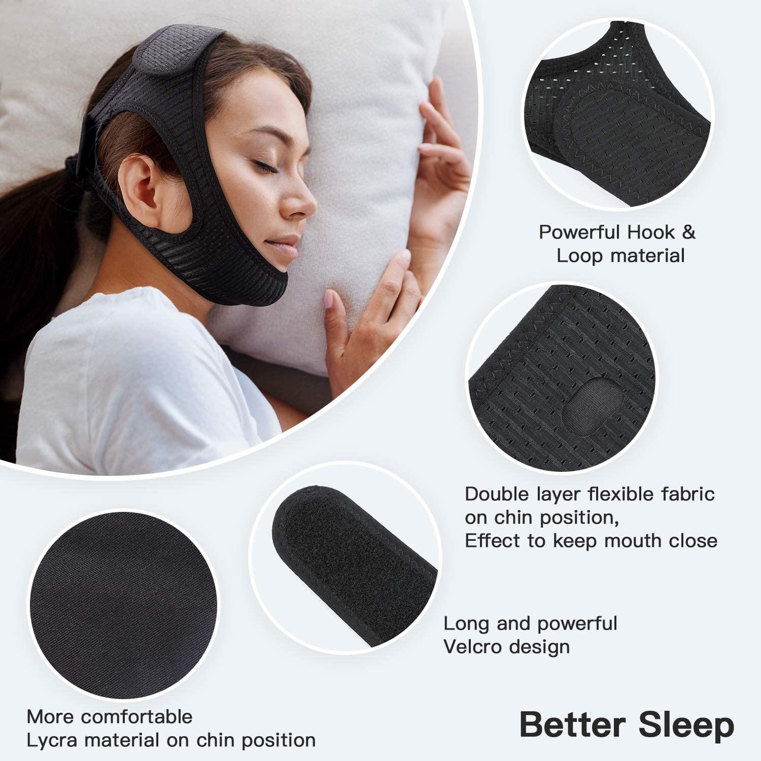 Anti Snore Chin Strap [Upgraded 2021], Vosaro Snore Solution anti Snoring Devices Effective Stop Snoring Chin Strap, Adjustable and Breathable Stop Snoring Sleep Aid for Men Women, Black image number 5