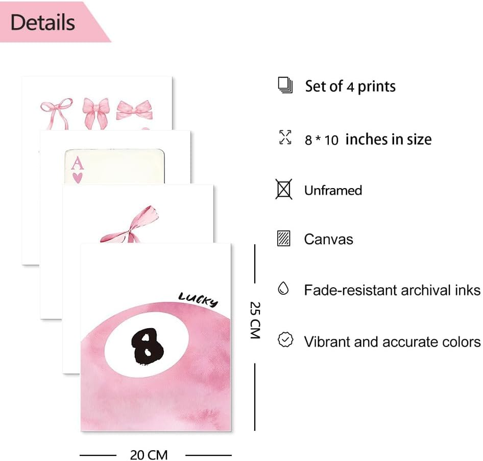 ZIENVE Pink Coquette Wall Art Prints &ndash; Set of 4 Trendy Preppy Room Decor, Aesthetic Pink Bow, Disco 8 Ball, Cherry Posters for Girls&rsquo; Bedroom & Dorm, 20 X 25Cm Unframed image number 2