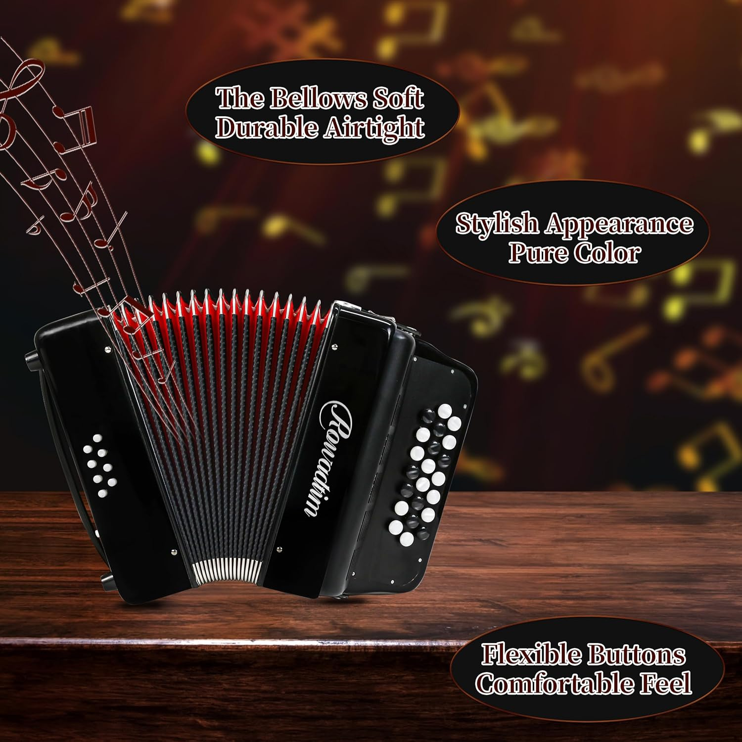 Accordion - 22 Keys 8 Bass, Lightweight Piano Accordion for Beginners, Vibrant Design for Beginners and Adults for Easy Learning (8 Bass, Black) image number 5