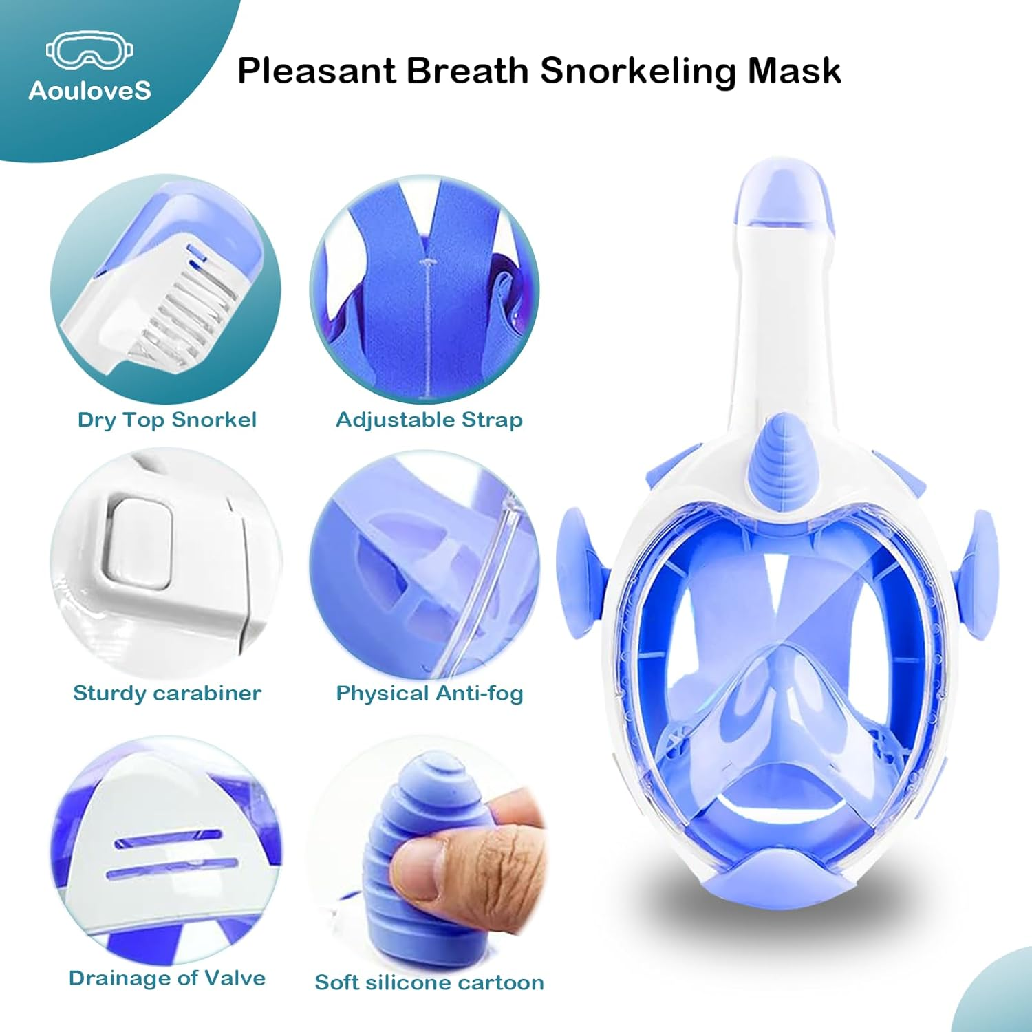 Aouloves Kids Snorkel Mask Full Face,Snorkeling Gear for Kids 4-16 with Camera Mount, 180 Degree Panoramic View Snorkeling Set Anti-Fog Anti-Leak image number 6