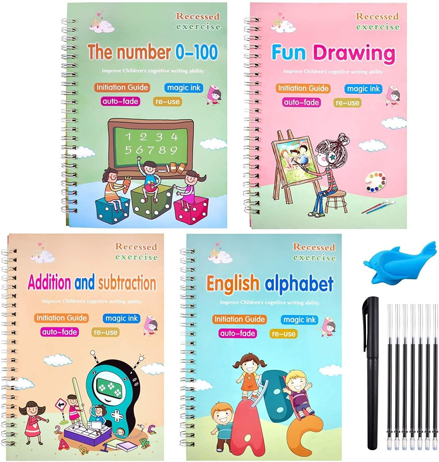 Magic Practice Copybook - Handwriting Practice Workbook for Kids, Magical Reusable Writing Practice Book with Magic Pen, Tracing Groove Book for Children Learning - 4 the Print Book Set