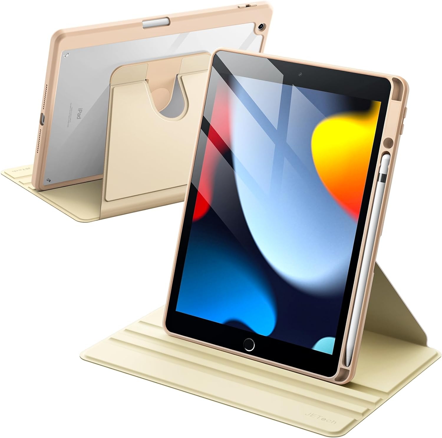 Jetech Rotating Case for Ipad 9/8/7 (10.2-Inch, 2021/2020/2019 Model, 9Th/8Th/7Th Generation) with Pencil Holder, 360 Degree Rotation Protective Stand Cover Clear Back, Auto Wake/Sleep (Beige)