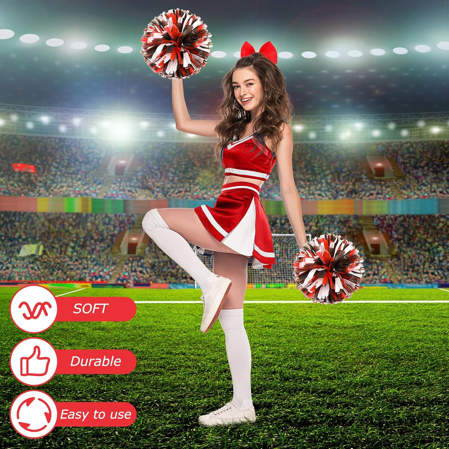 Hanaive Cheerleading Pom Poms and Large Cheerleader Hair Bow 12 Inch Large Metallic Cheer Cheerleader Pom Poms for Sports Team Spirit Cheering image number 5