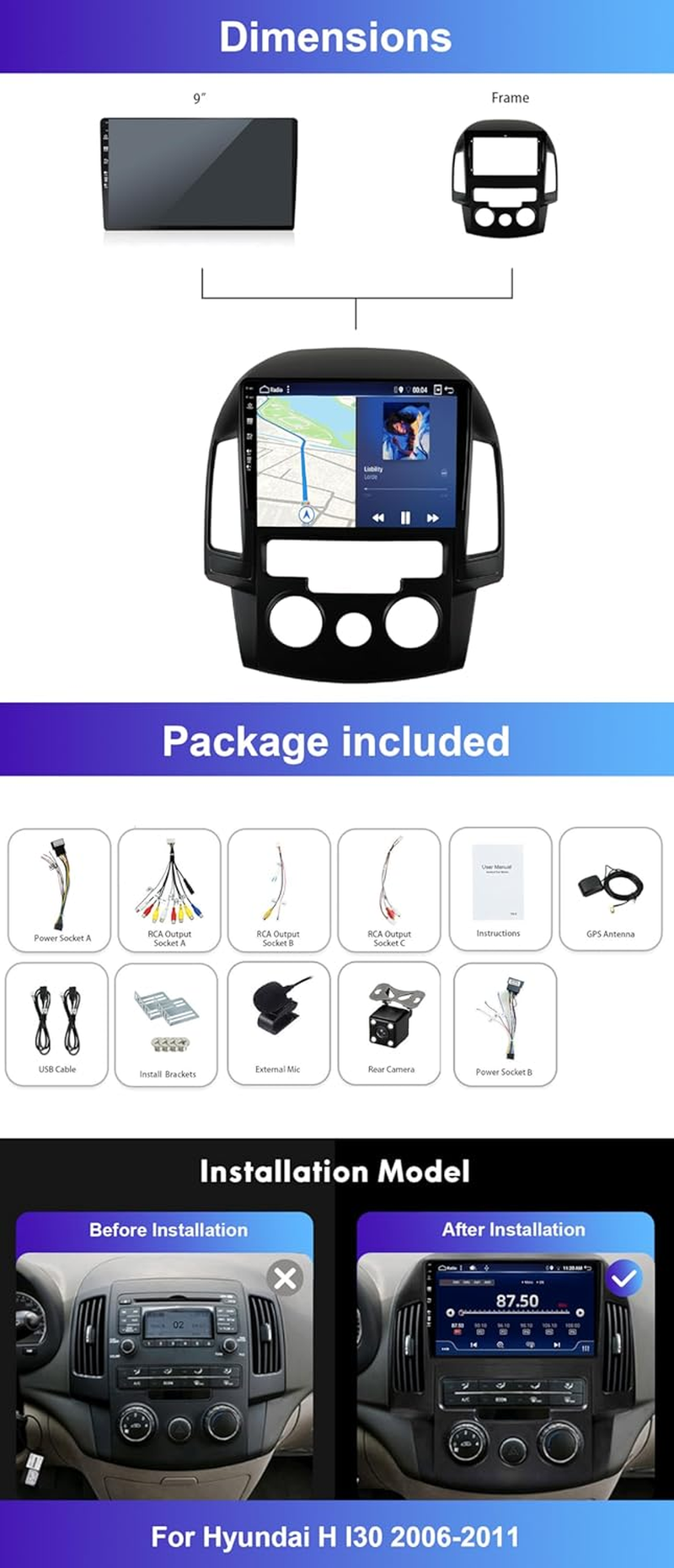 4G+64G for Hyundai I30 2007-2012 Android Carplay DSP Car Radio GPS Head Unit image number 3