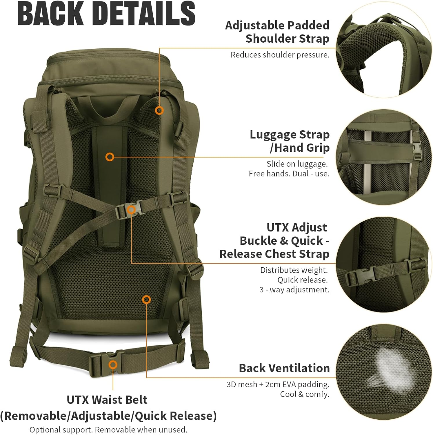 ROOT THREE 45L Tactical Backpack, Military Molle Backpack with 17" Laptop Compartment Survival Rucksack for Outdoors image number 2