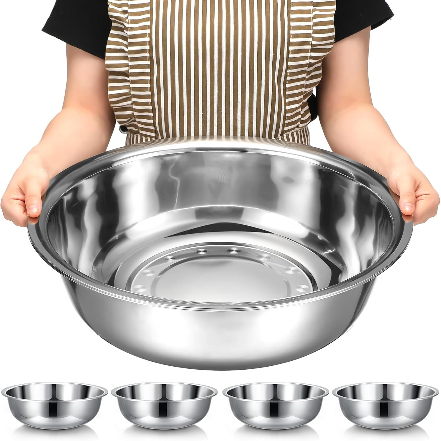 Nuogo 4 Pcs Stainless Steel Mixing Bowls Metal Mixing Bowls Extra Large Basin Salad Basin Deeper Edge Dishwasher Safe Mirror Finish for Home and Commercial, Silver (13 Inch 8 Qt) image number 4
