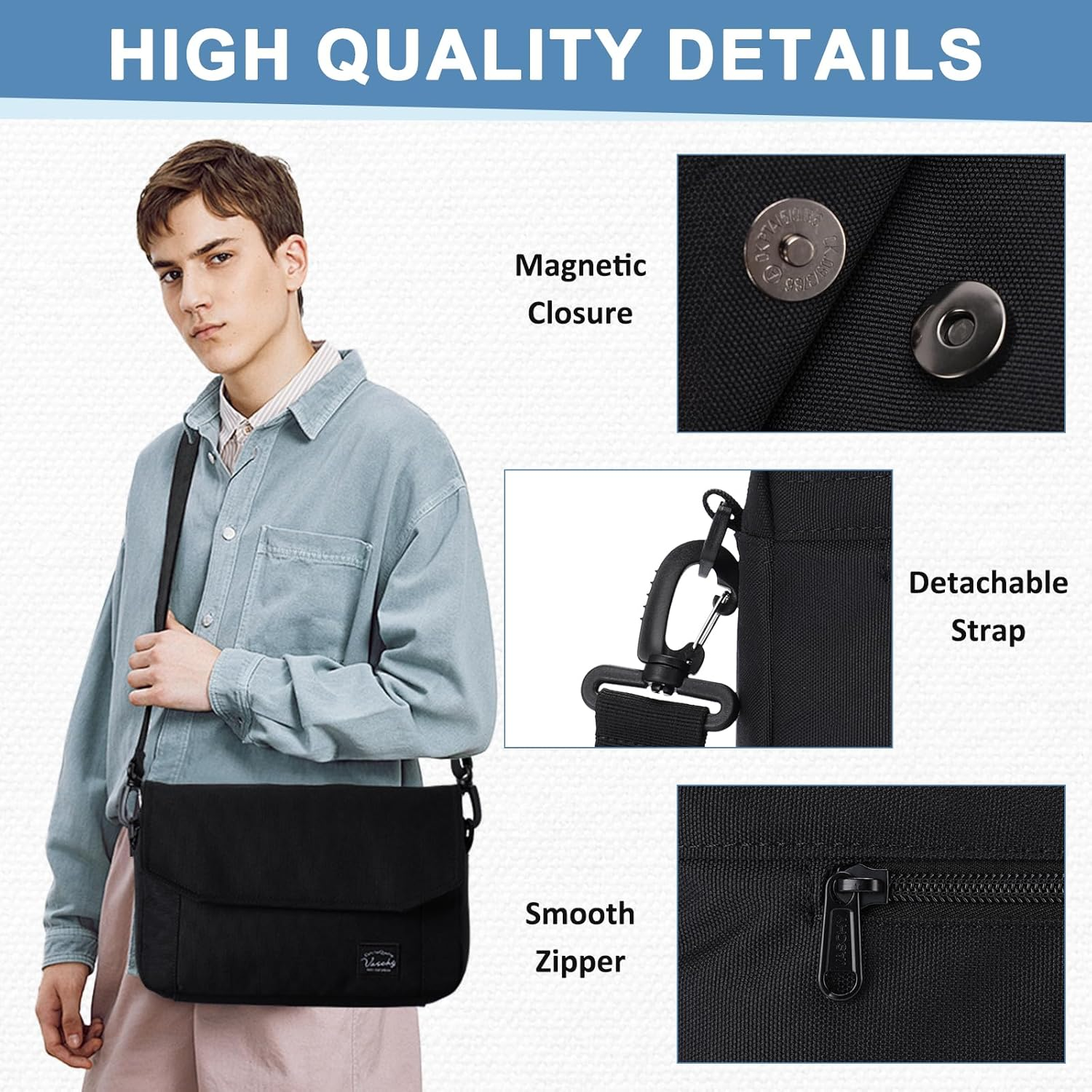 Lightweight Messenger Bag for Men,Vaschy Medium Classic Crossbody Flap Casual Satchel Shoulder Courier Bag - Gray image number 5