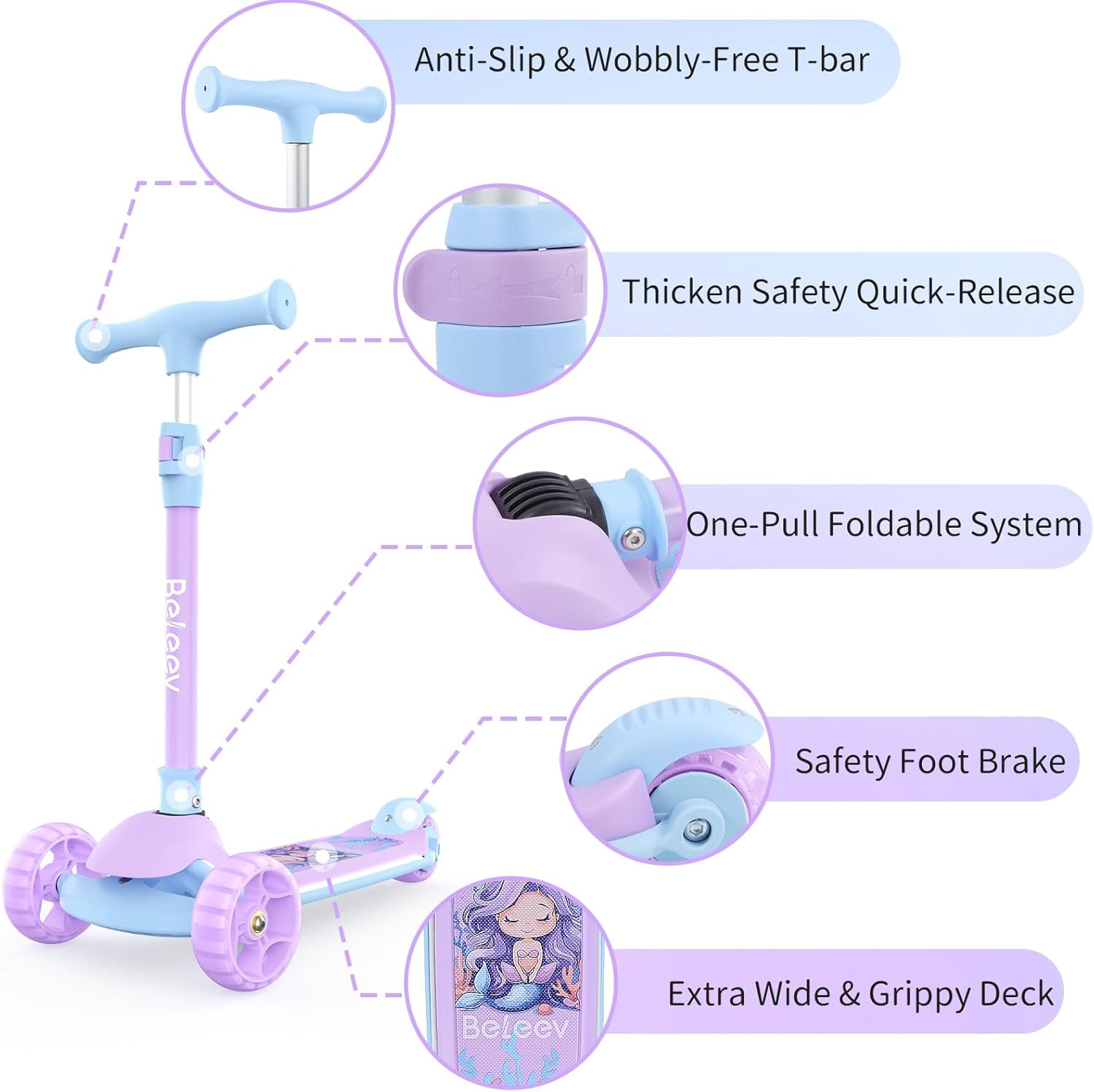 BELEEV A9 Scooters for Kids with Light-Up Wheels & Deck, 3 Wheel Folding Scooter for Girls Boys Ages 3-12, 4 Adjustable Height, Non-Slip Pattern Deck, Kick Scooter Gifts for Children