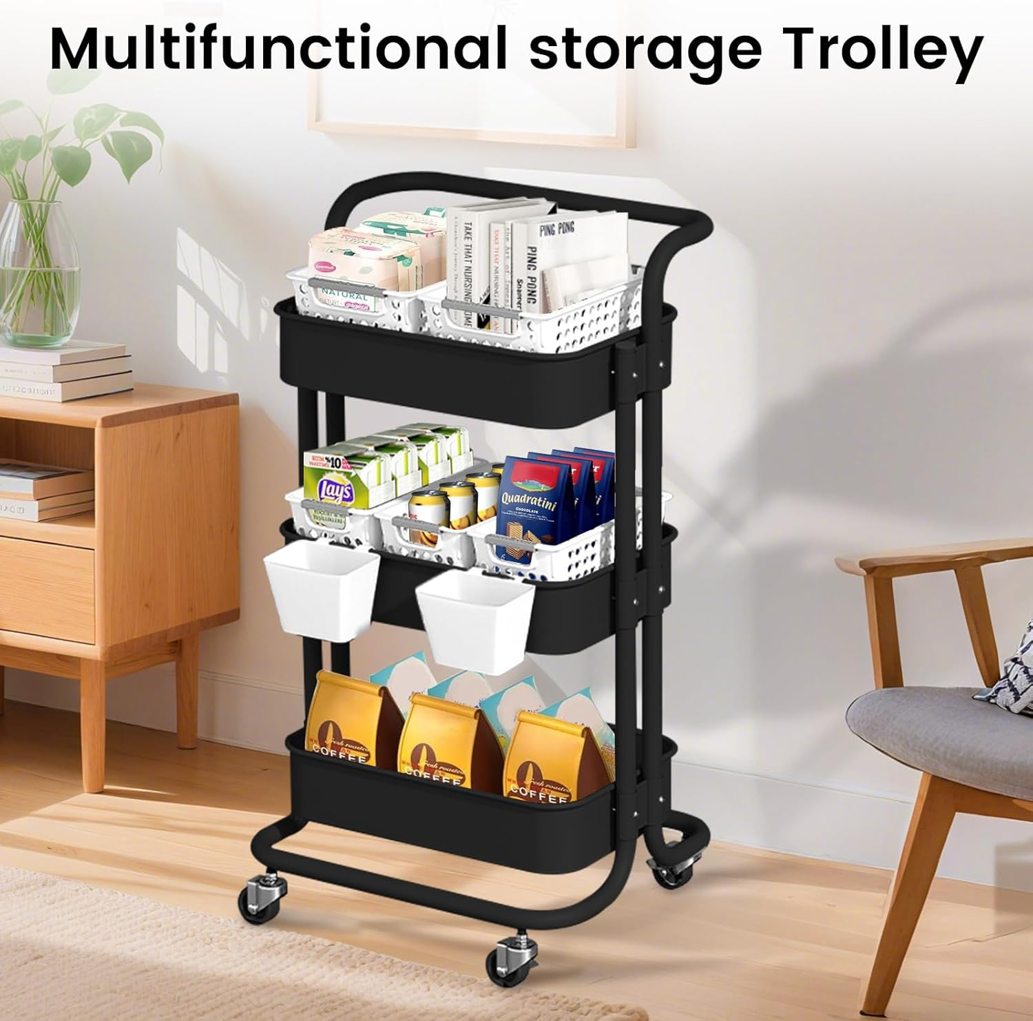 DAWNTREES Black 3 Tier Plastic Basket Trolley with Wheels, Multifunctional Metal Kitchen Storage Trolley, Mobile Storage Rack, Suitable for Office, Home, Kitchen, Garden image number 5