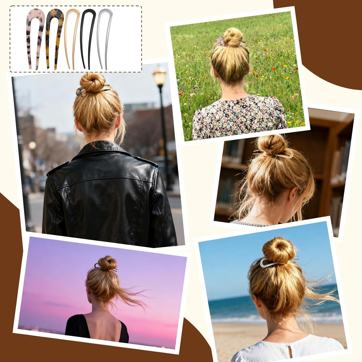 Pack of 5 French Hair Pins, U-Shaped French Hair Pins, French Twist Hairs Pin, Vintage French Hairs Pins, Hair Clips for Women Girls Hair Style (Gold, Silver, Black, Tortoiseshell) image number 1