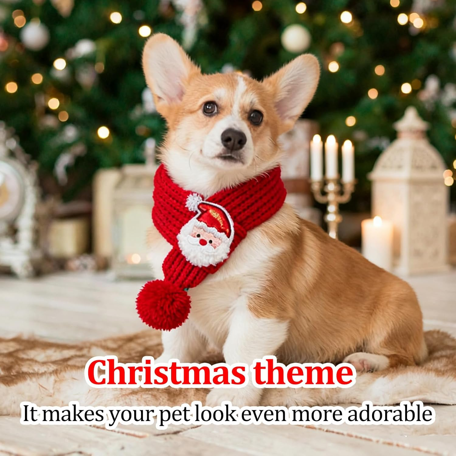 BSITSSS 2 Pieces Cat Dog Christmas Outfit, Santa Christmas Tree Cat Dog Scarf Knitted, Green and Red Pet Scarf Costume with Fuzzy Pompom for Xmas Winter Pet Puppy Kitten Costume Accessories image number 5