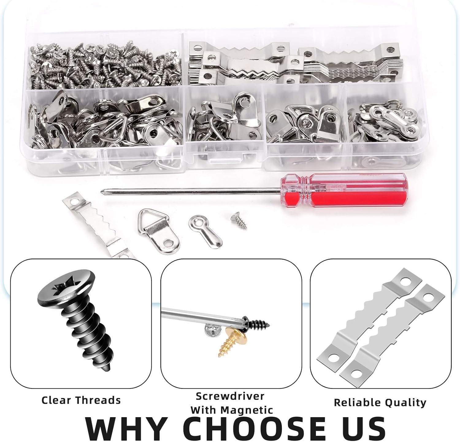 Glarks 401Pcs Silver Picture Hanging Kit, Include 50Pcs Sawtooth Picture Frame Hangers, 50Pcs Frame Turn Buttons, 50Pcs D Ring Picture Hangers, 250Pcs Screws and 1Pcs Screwdriver for Hanging Photo image number 3