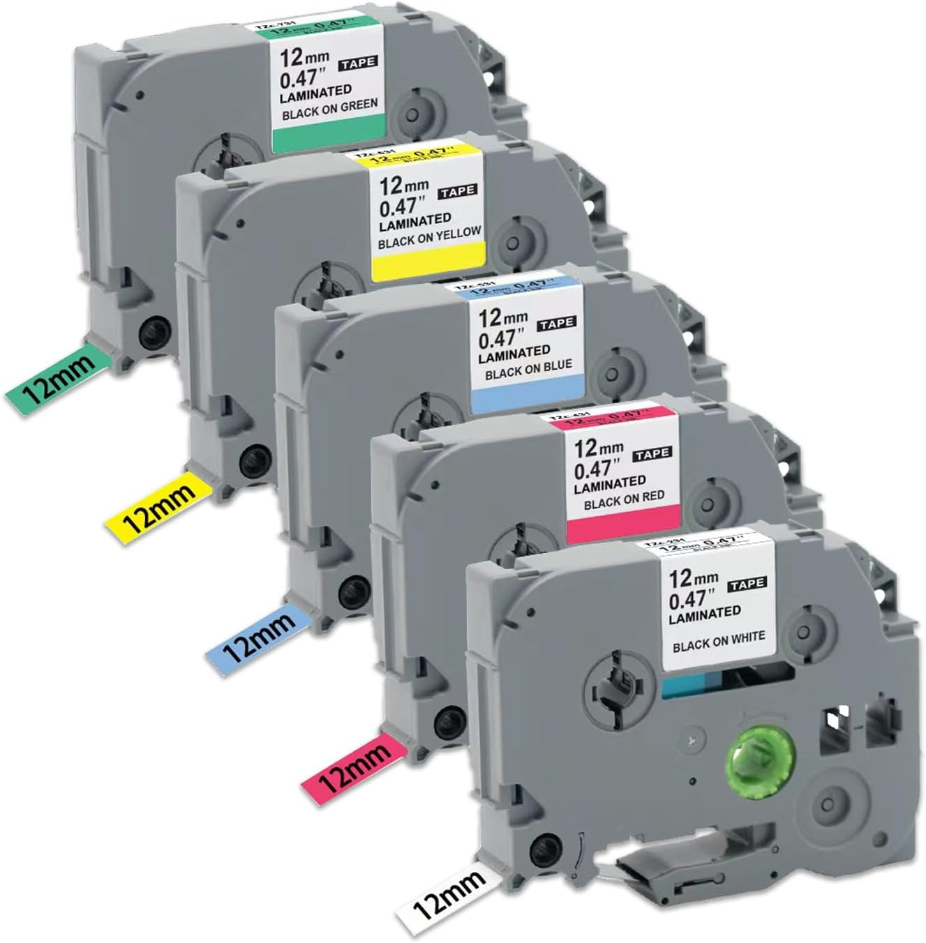 TCZ-231 Multi Color Label Tape Compatible with Brother P-Touch PT-H100 PT-E100 PT-D200, Black on Clear, 12Mm 0.47 Inch, 8M per Tape, 5 Pack, White/Red/Blue/Yellow/Green image number 3