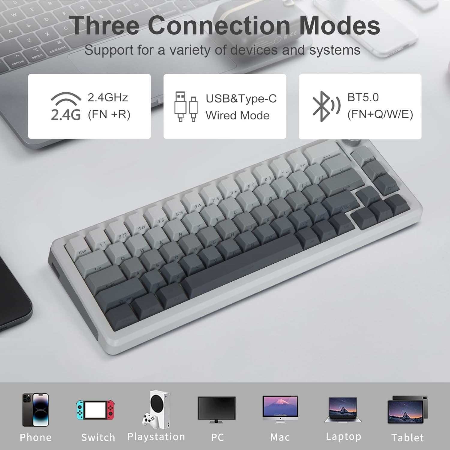 E-YOOSO Z-68 Wireless Mechanical Keyboard,65% Hot Swappable Custom Keyboard with Knob,Rgb Backlit,Pre-Lubed Reaper Switches,Side Printed PBT Keycaps,2.4Ghz/Usb-C/Bt5.0 Mechanical Gaming Keyboards image number 1