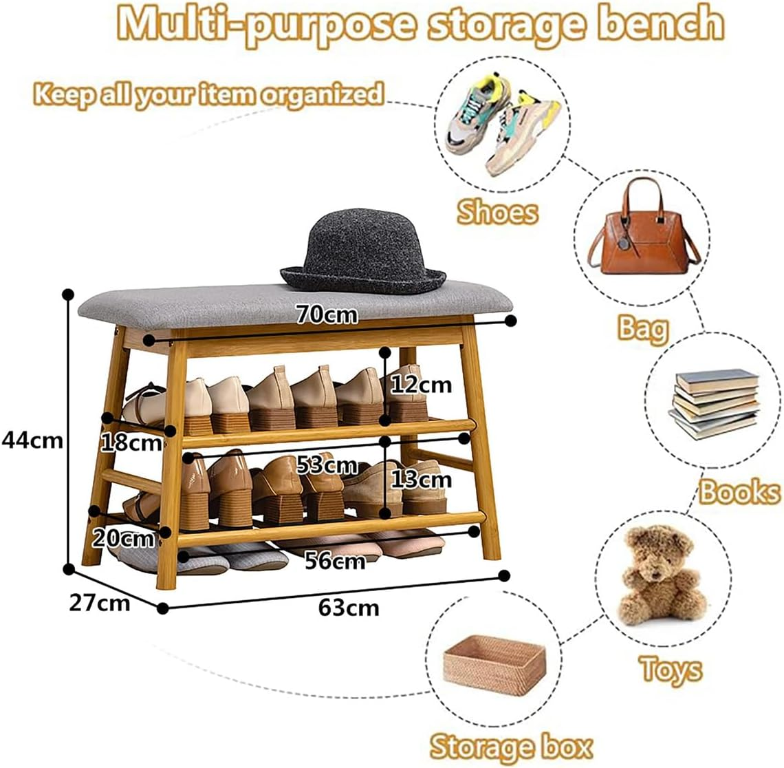 Bamboo Shoes Bench Seat Shoe Rack 2 Tier Storage Stool Rack with Hidden Storage Compartment for Entryway Hallway Bedroom Living Room Shoes Shop (70 * 27 * 44Cm) image number 5
