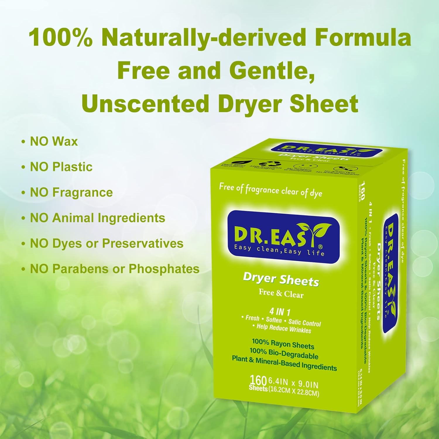 Dr.Easy Dryer Sheets Free & Clear Plant Based All Ingredients for Sensitive Skin 160 Ct 100% Rayon Fabric Softener Sheet Unscented & No Dyes Reduce Static & Wrinkles Soften Clothes Help Repel Pet Hair - Free  Clear image number 3