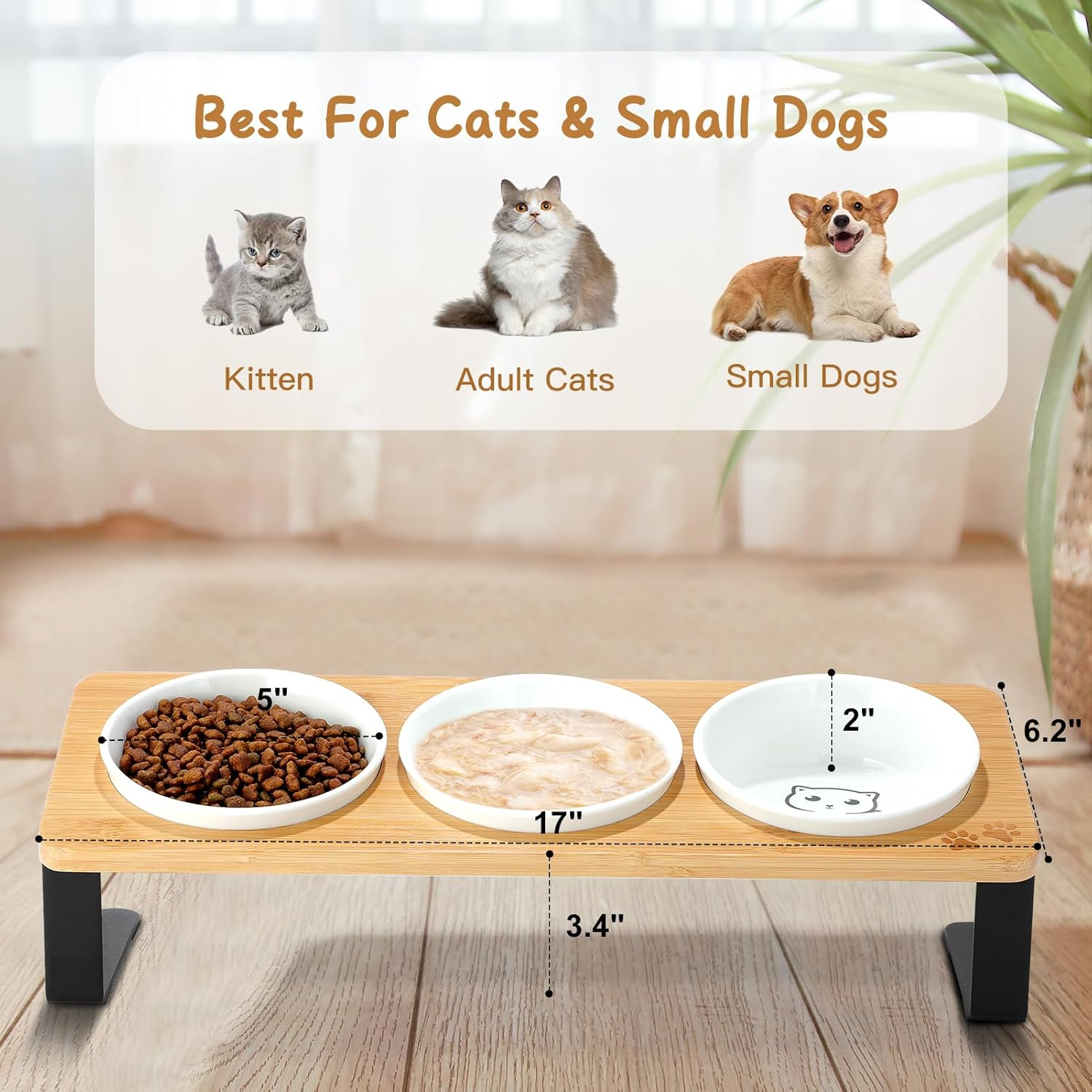 3 Elevated Cat Bowls Tilted anti Vomiting Ceramic Raised Cat Food Bowls for Food and Water, Cat Dishes for Indoor Cats with Non-Slip Stand & Bamboo Board, Dishwasher Safe - 1 Step Assemble image number 4