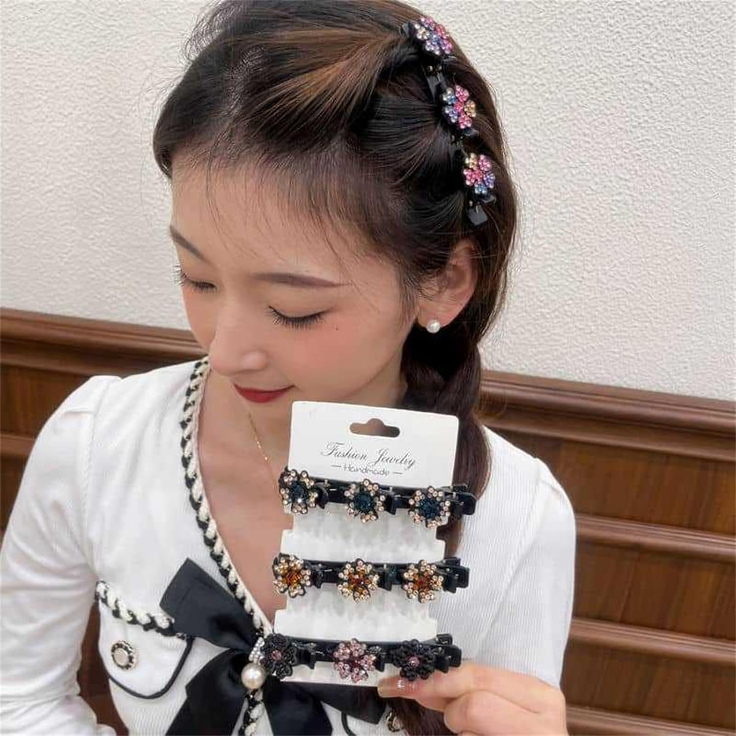 Sparkling Crystal Stone Braided Hair Clips, Elegant Hair Styling Clips, Shiny Rhinestone Hair Clip with 3 Mini Clips, Double Layer Mini Hair Clips for Women and Girls (Pack of 8) image number 5