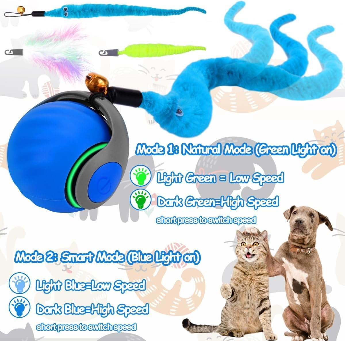 APEXORIGIN 2 PCS Interactive Cat Toy Ball, Automatic Cat Toys for Indoor Cats - Speedy Kitten Toys for Indoor Cats with Feather Tails for Chasing, Two Modes & One-Click Switching (Blue and Orange)