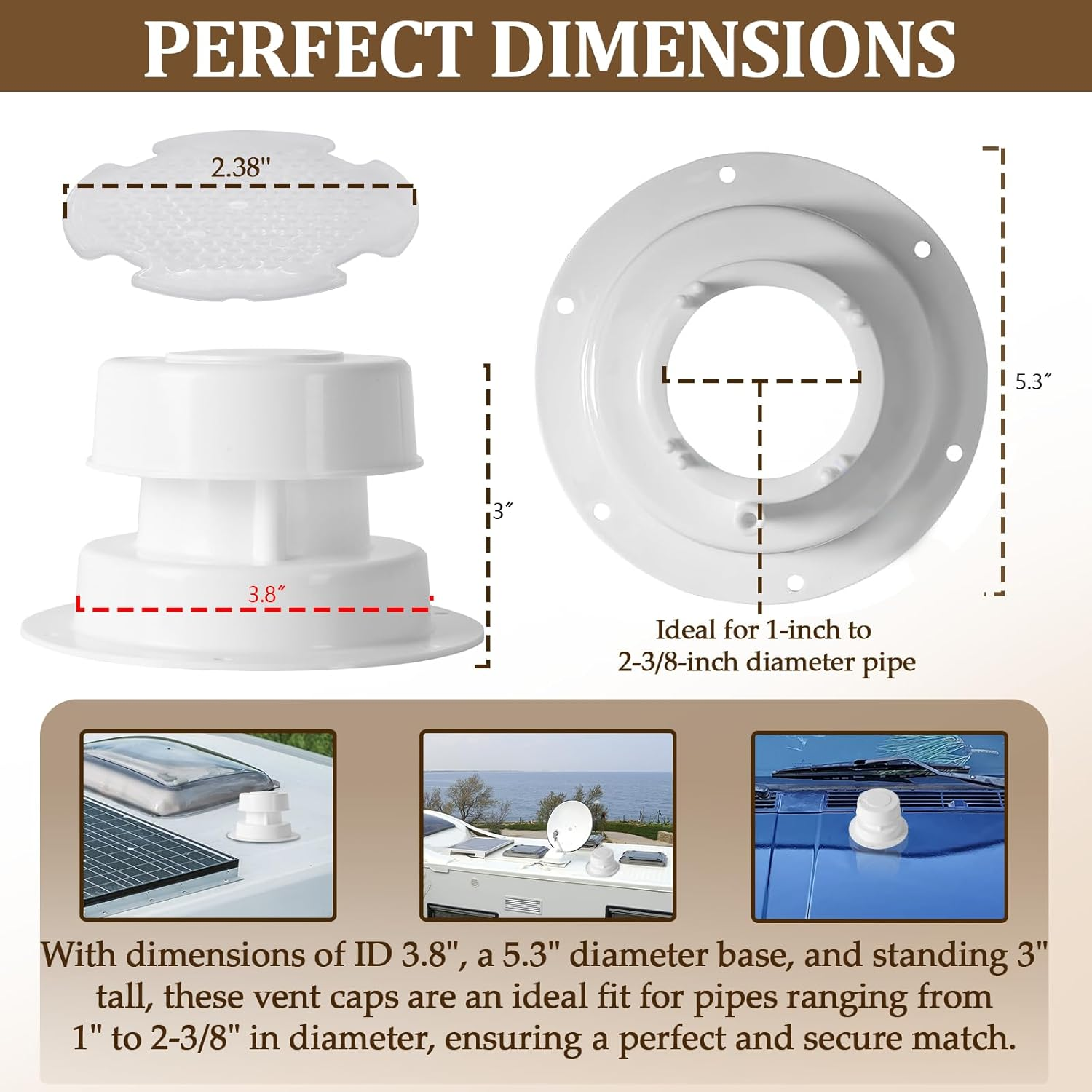 (2 Pack, White RV Roof Vent Cover Kits with Putty Tape and Screws, Camper Vents Cap for Trailer RV Roof Vent Cover Replacement, Camper Plumbing Vents Caps Kit for 1" to 2-3/8" OD Pipe image number 3