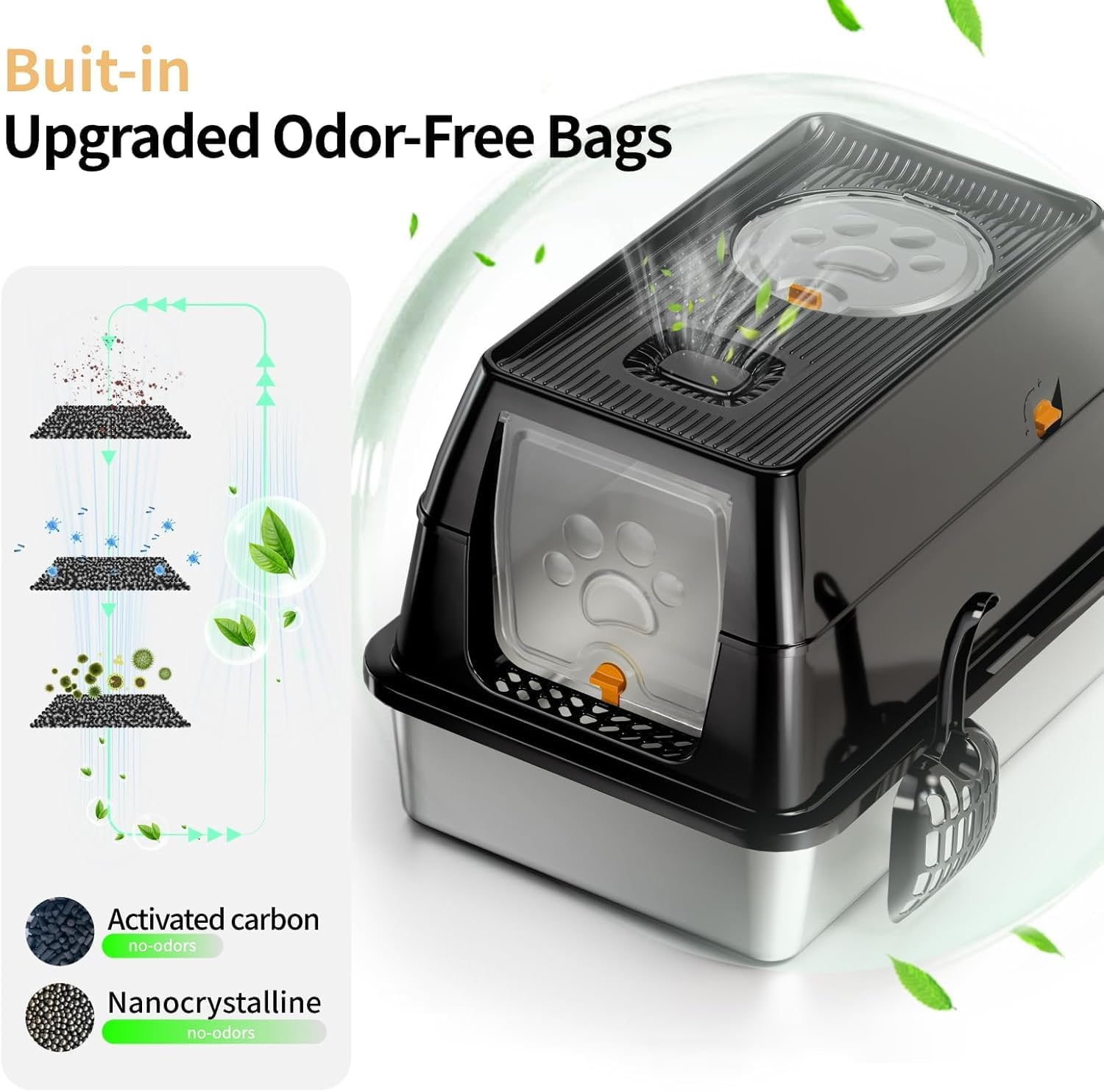 Stainless Steel Cat Litter Box with Lid, Large Enclosed High Sided Litter Box with Removable Lid, Carbon Filters -Odor Free, Easy Cleaning, Anti-Urine Leakage for Big Cats (Black) image number 3