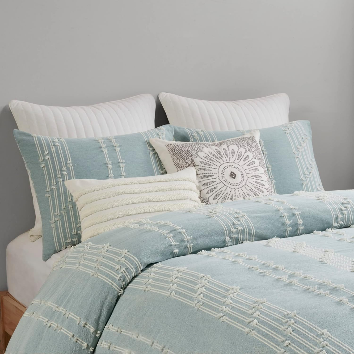 INK+IVY Kara 100% Cotton Duvet Mid Century Modern Stripe Jacquard Design Reverse to Diamond Print, All Season Duvet Cover Bedding Set, Matching Shams, Full/Queen(88"X92"), Aqua 3 Piece image number 6