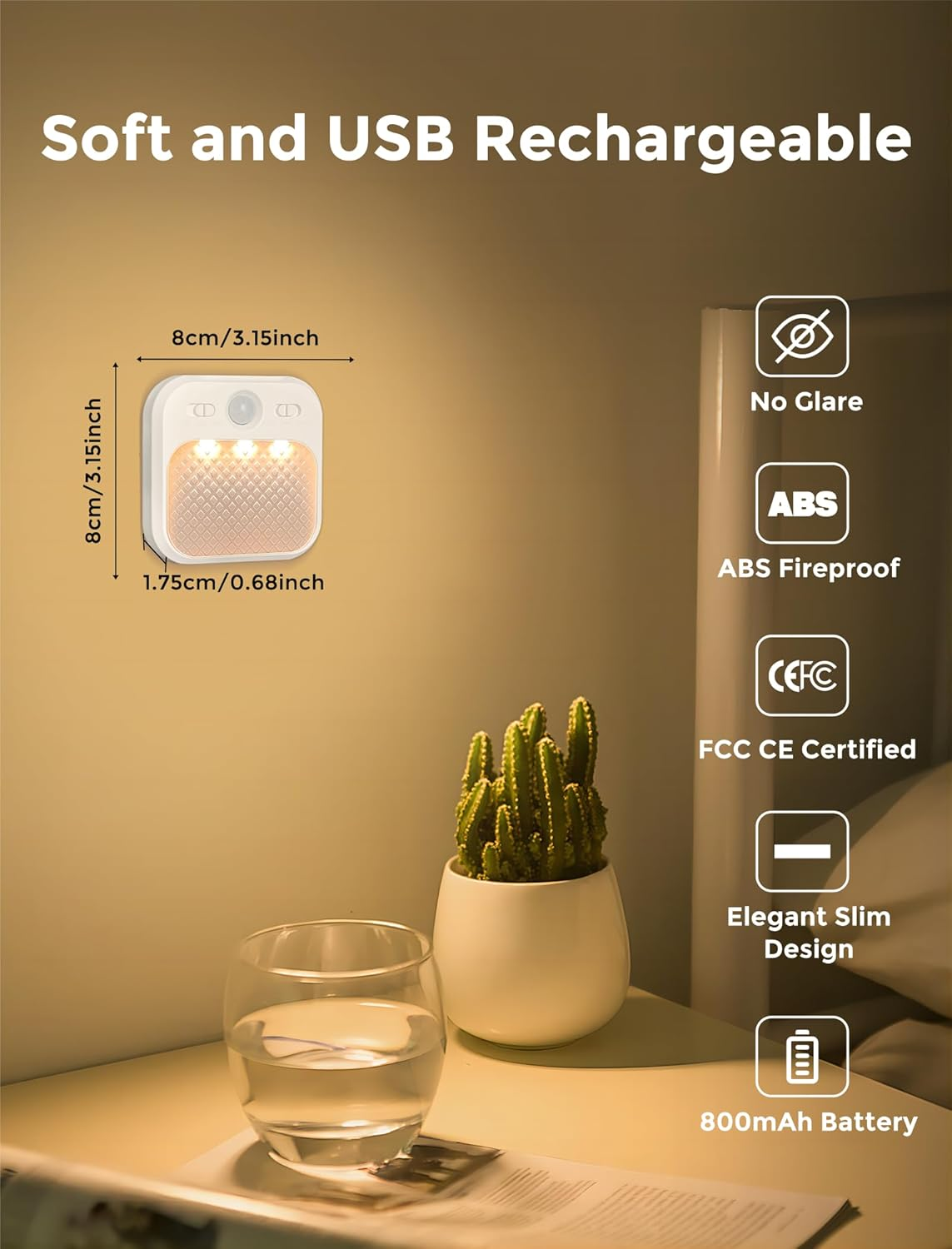 MERTTURM Night Light with Motion Sensor (30 Days Standby), Rechargeable Type-C LED Night Light Brightness Adjustable 3 Modes (Auto/Off/On), Magnetic Installation for Bedroom, Aisle, Stairs, Kitchen image number 2