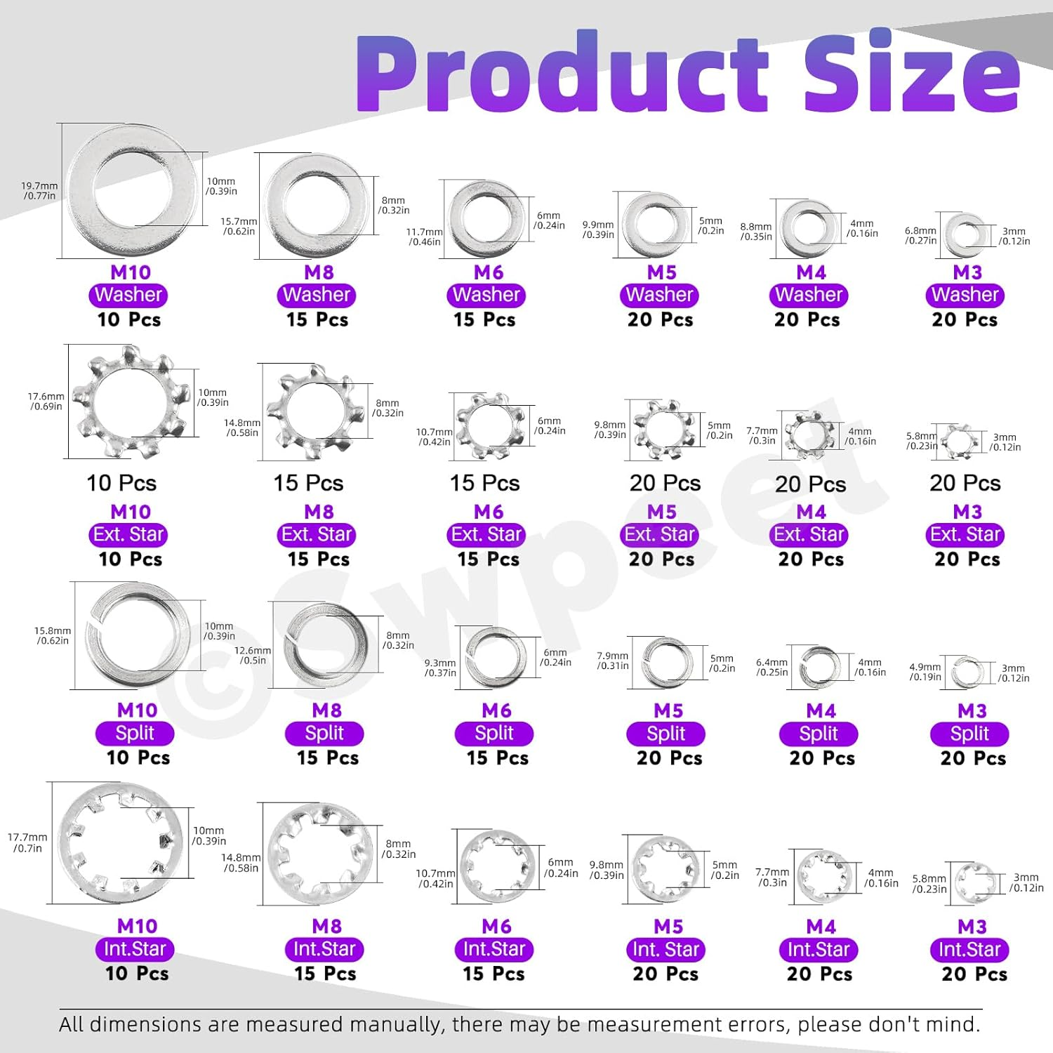 Swpeet 400Pcs 4 Styles M3 M4 M5 M6 M8 M10 Stainless Steel Lock Washers Assortment Kit, External Tooth Washers, Internal Tooth Serrated Lock/Split Lock/Flat Washer for Bolts