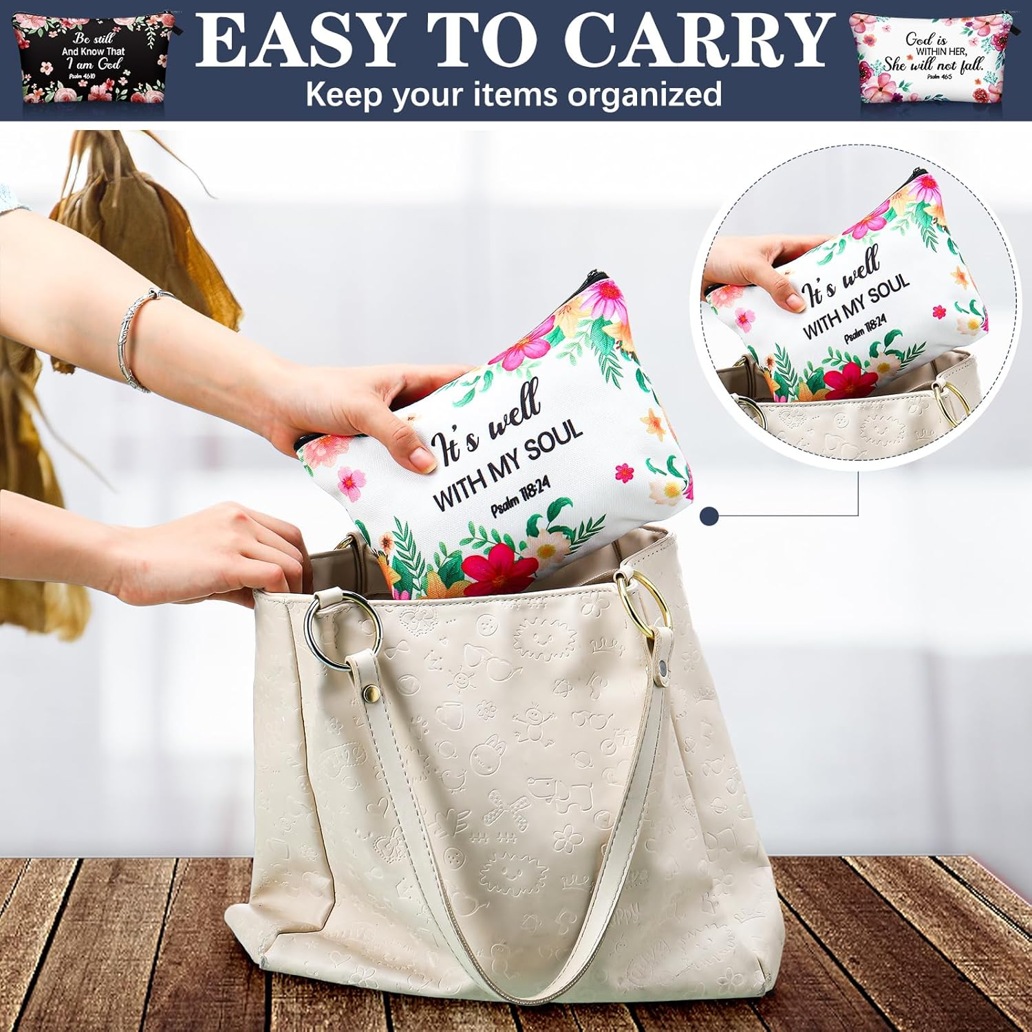 Chunful 12 Pcs Inspirational Christian Gifts Religious Makeup Bags Bulk for Women Bible Verse Flower Cosmetic Bag Thanksgiving Christmas Gift for Church Ladies, 7.48 X 4.72 Inch(Elegant) image number 3