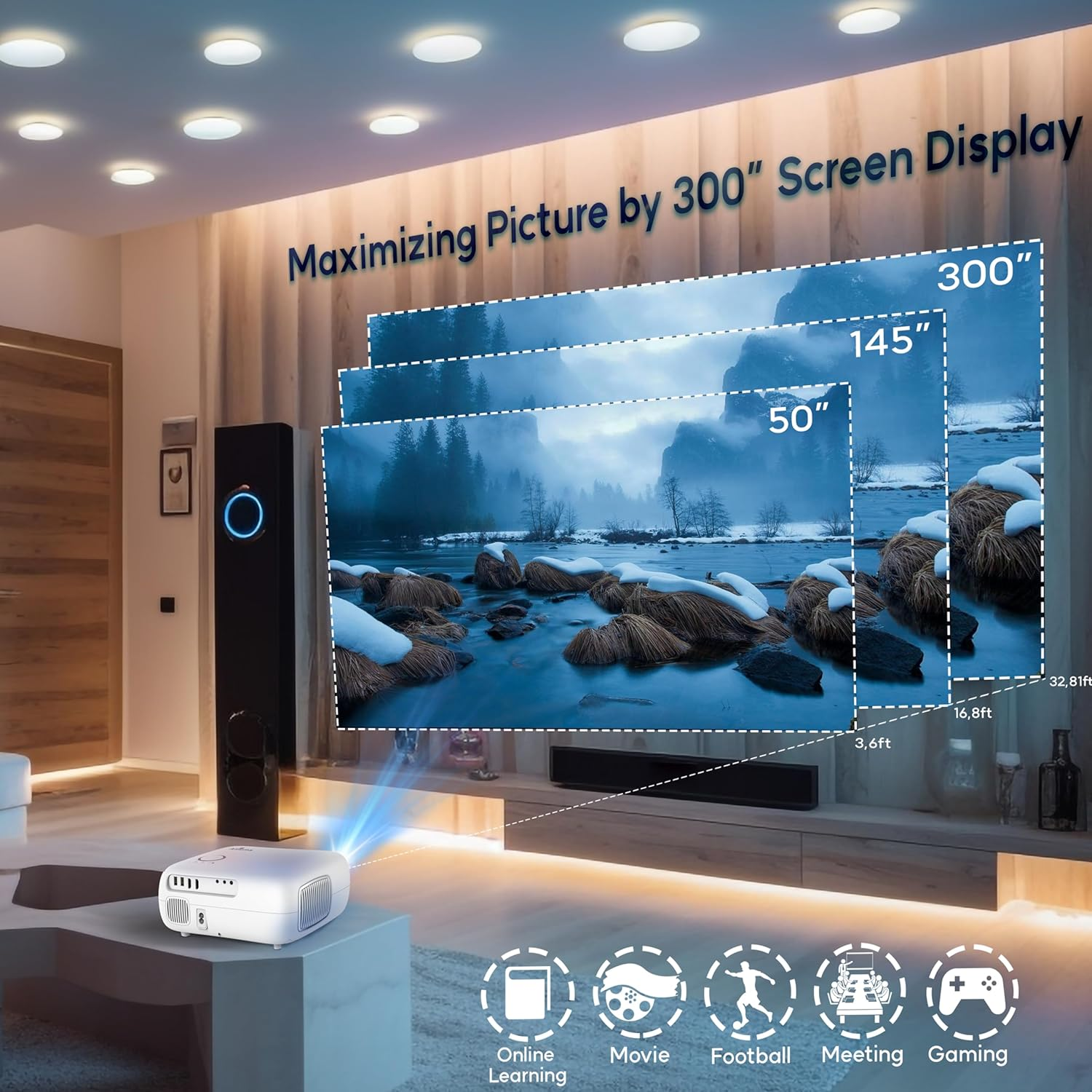 Projector Auto Focus, Auto Keystone Portable Native 1080P Full HD, 16000 Lumens,10W Hi-Fi Speakers, 300 Inch Display, 5G/2.4G Wi-Fi, 5.2 Bluetooth, Home Theater & Gaming, White image number 4
