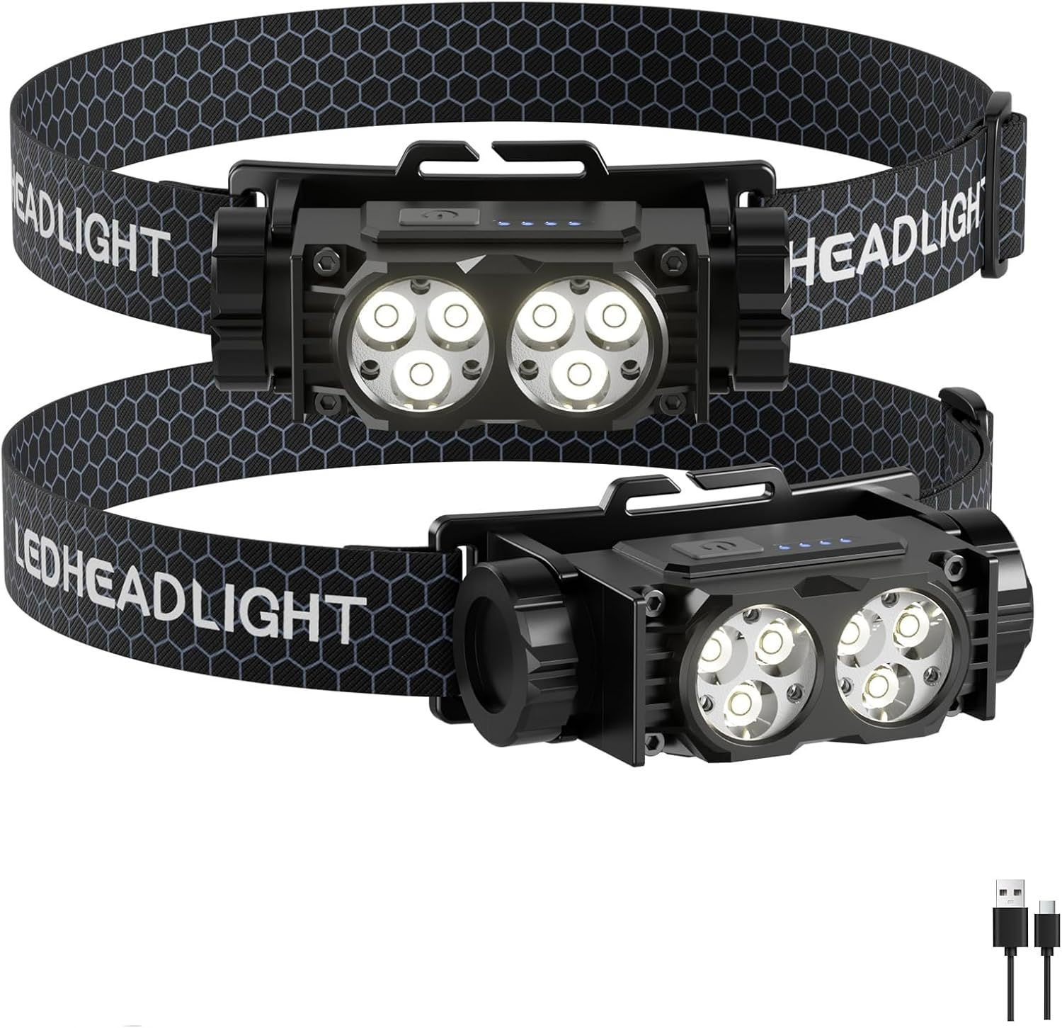 Headlamp Rechargeable, 2PCS 4500L Super Bright Light Bright LED Rechargeable Headlight with White Light, Waterproof Head Lamp with Headband for Outdoor Camping, Hiking, Camping Essentials, Working image number 1