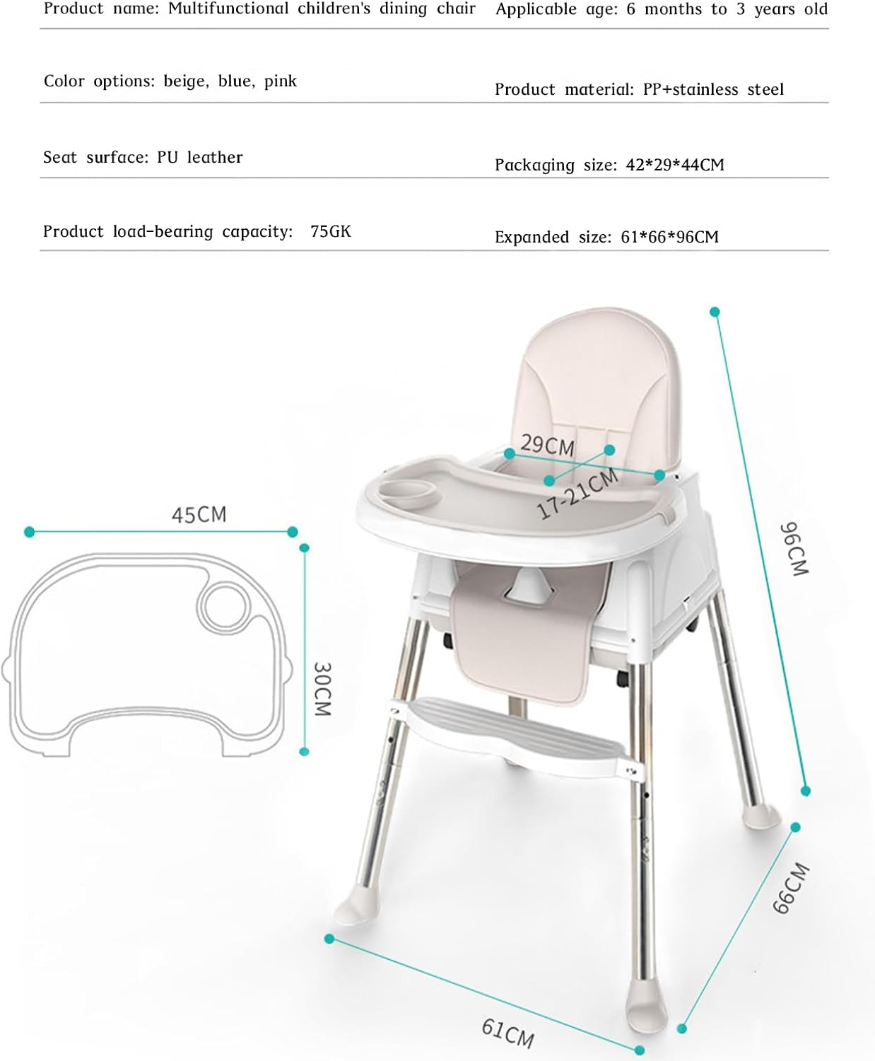 Xcjump Baby High Chair, Portable Feeding Chair with Dining Tray, Height Adjustable Toddler Dining Chair for Babies and Toddlers image number 5