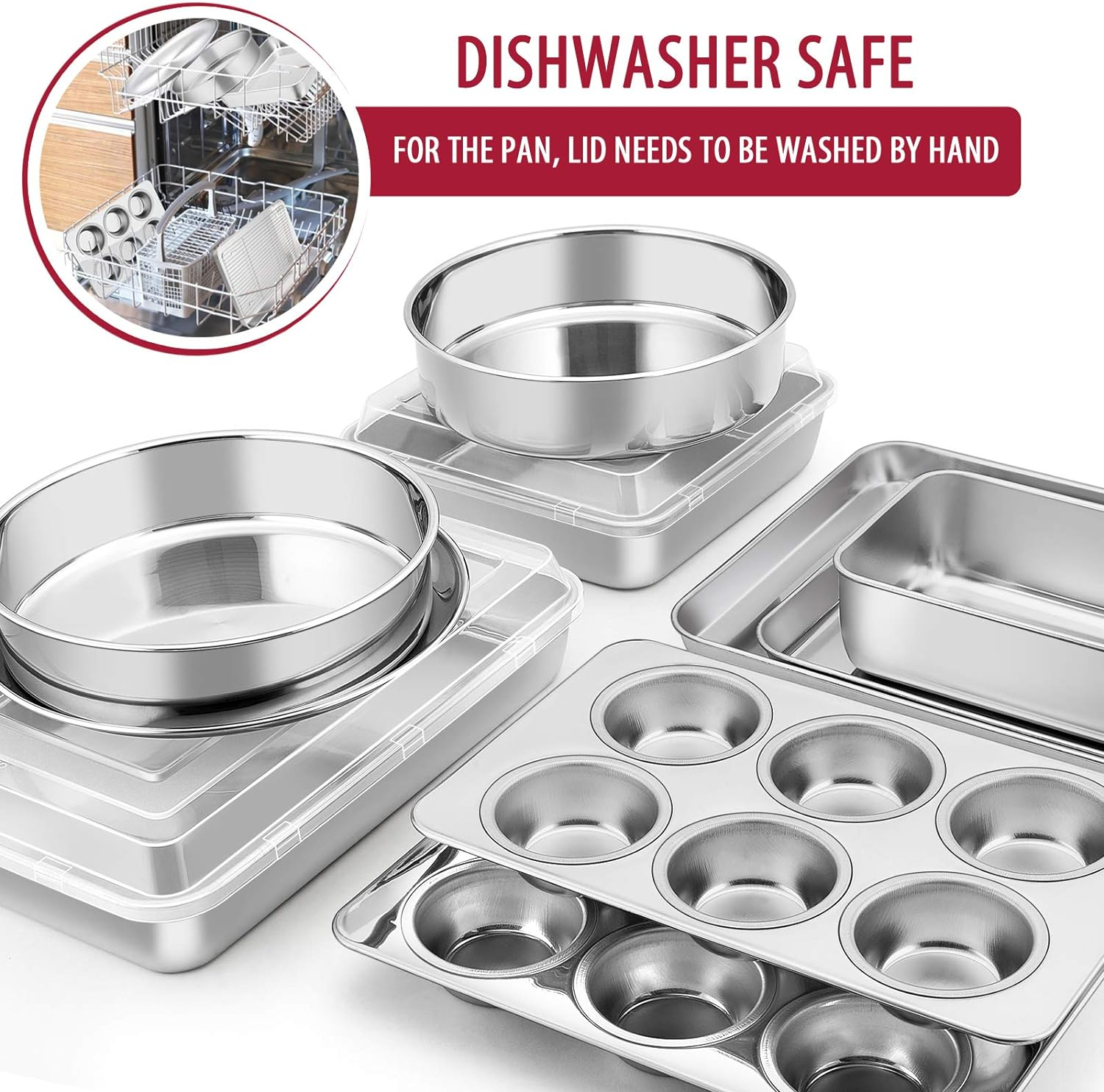 E-Far 12-Piece Stainless Steel Bakeware Sets, Metal Baking Pan Set Include round Cake Pans, Square/Rectangle Baking Pans with Lids, Cookie Sheet, Loaf/Muffin/Pizza Pan, Non-Toxic & Dishwasher Safe image number 5