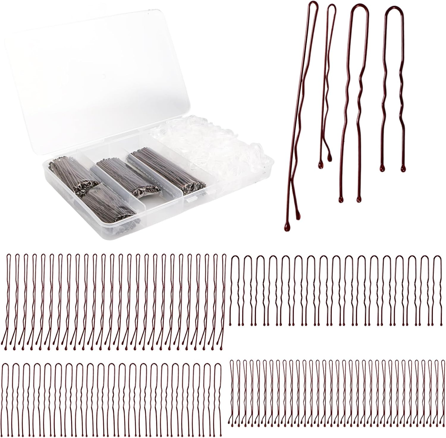 Bliceon Pack of 700 Small Bobby Pins Set, U-Shaped Hair Clips, Transparent Hair Elastic, Small Bobby Pins for Women and Girls with Storage Box (Brown) image number 1