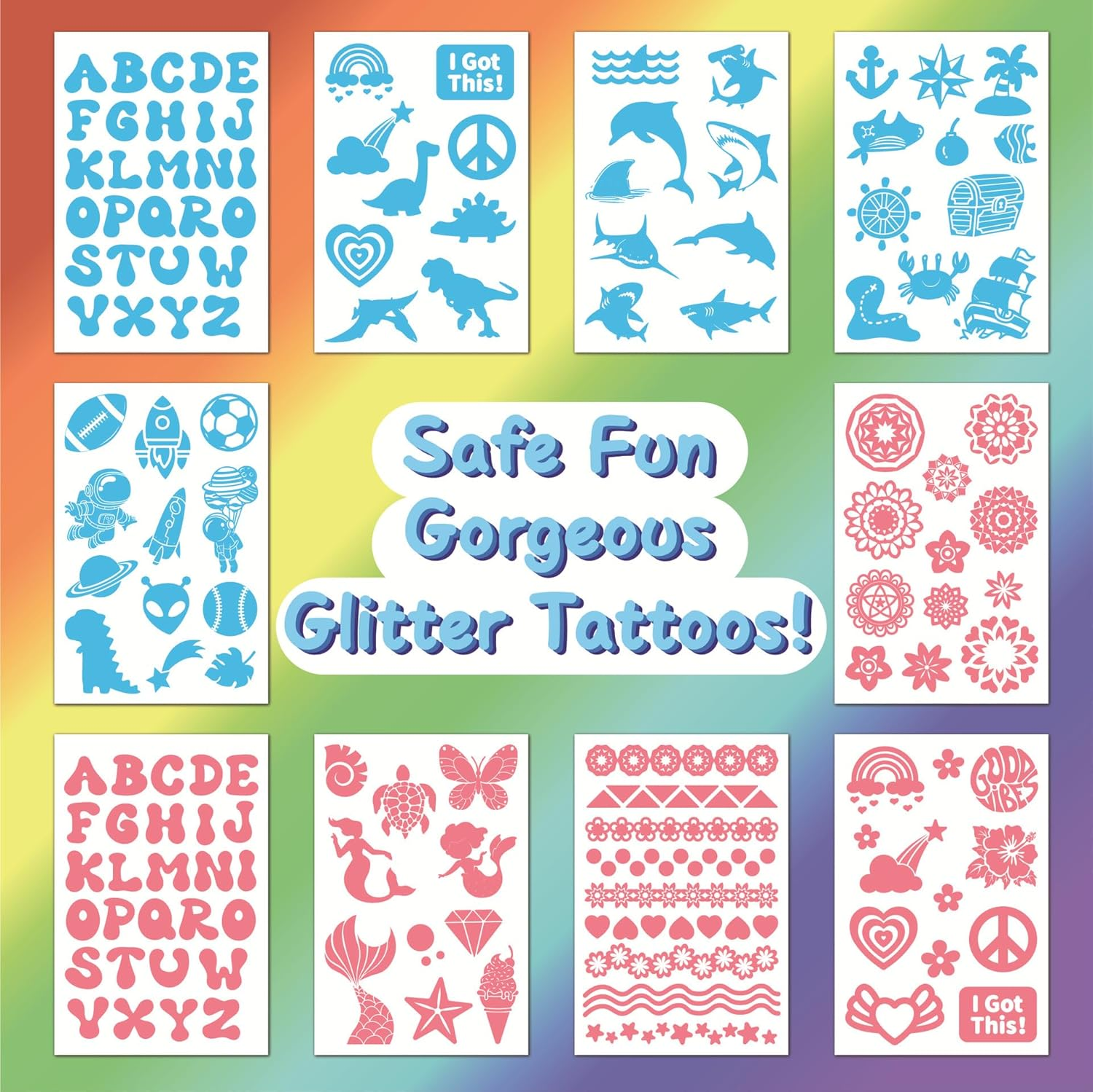 Temporary Glitter Tattoo Kit for Kids, 10 Colors, with 71 Stencils,2 Brushes, Body Glitter Make up Kit, for Cosplay, Birthday Party, Festival (BLUE) - Pink image number 2