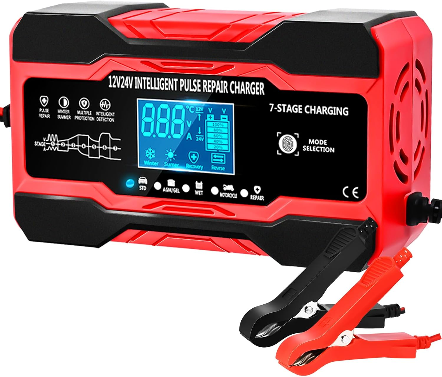 Car Battery Charger 10-Amp, 12V/24V Smart Car Charger with LCD Display，Trickle Charger Fully Automatic Battery Maintainer with Temperature Compensation for Car Truck Lawn Batteries image number 4