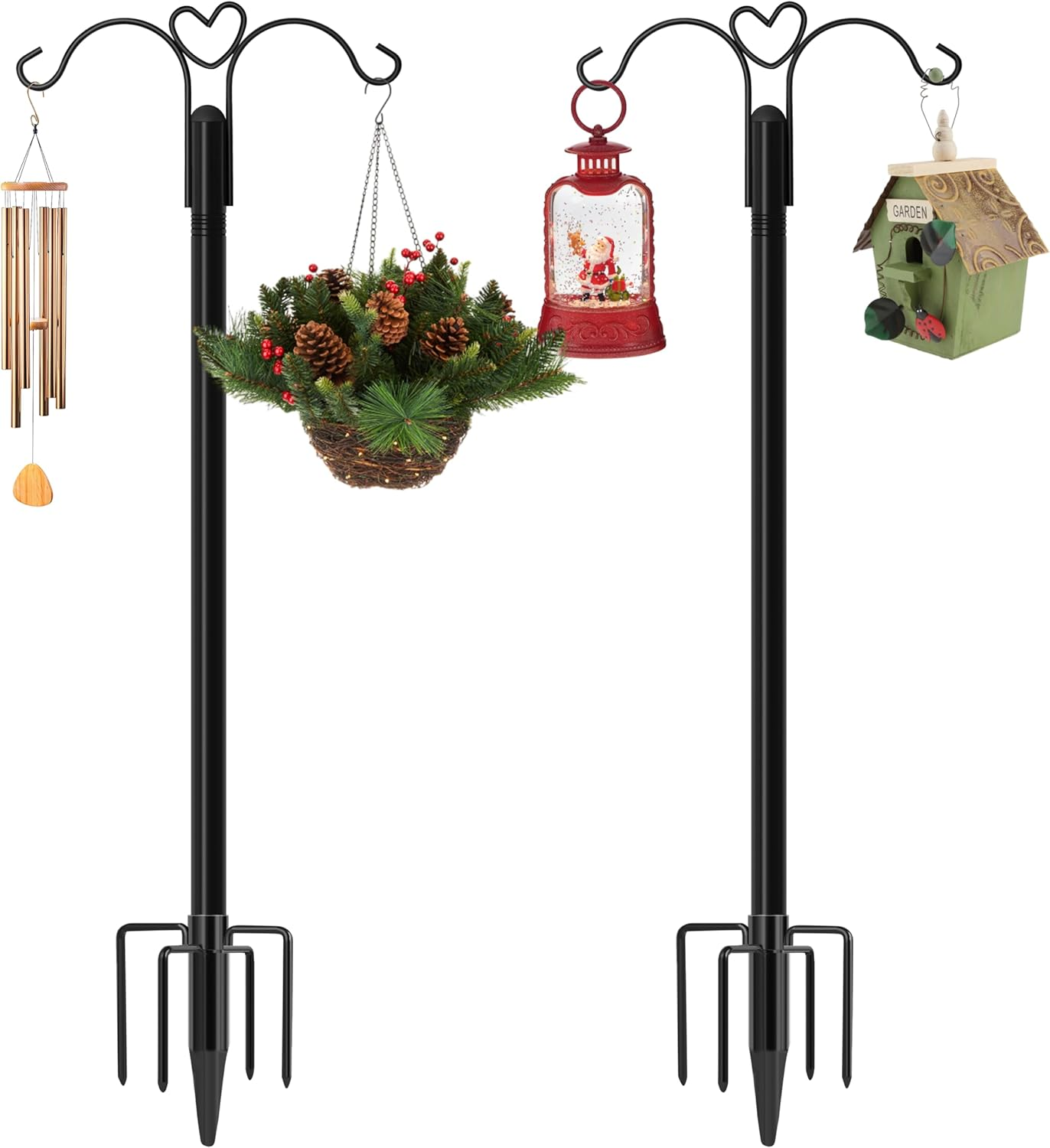 Double Shepherds Hooks for Outdoor, 2-Pack Heavy Duty Garden Pole for Hanging Bird Feeder, Plant Baskets, Solar Light Lanterns, Garden Plant Hanger Stands with 5 Base Prongs (76 Inch, Style E) image number 5