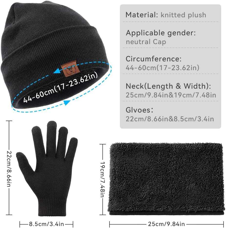 OZERO Winter Beanie Gloves Scarf Set Men and Women Scarf Gloves Set Winter Warm Knitted Beanie and Touch Screen Gloves(Black 3 Pieces) image number 6