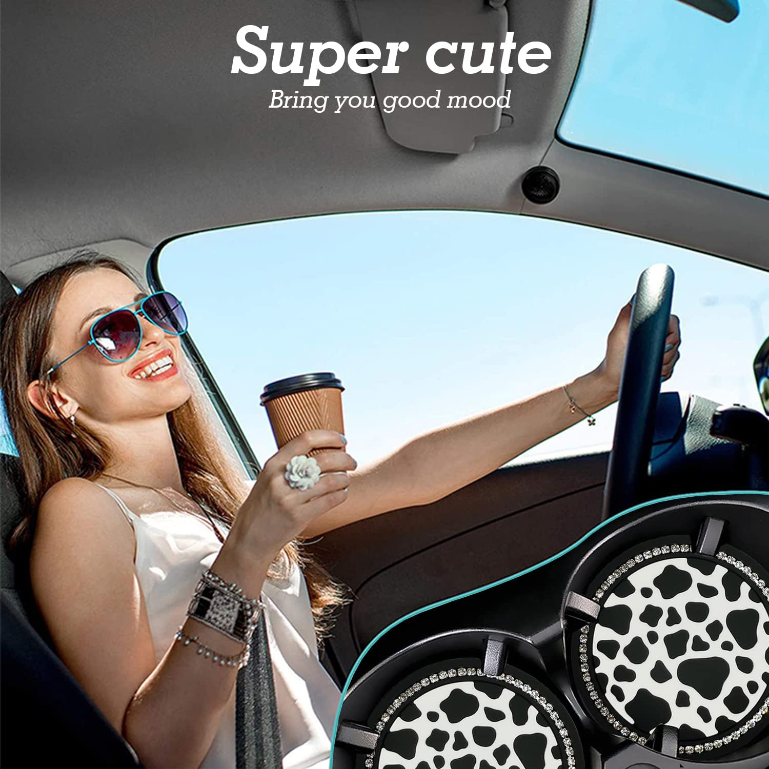 2PCS Bling Cow Print Car Accessories for Women, Universal Auto Cute anti Slip Cup Holder Insert Coaster image number 2