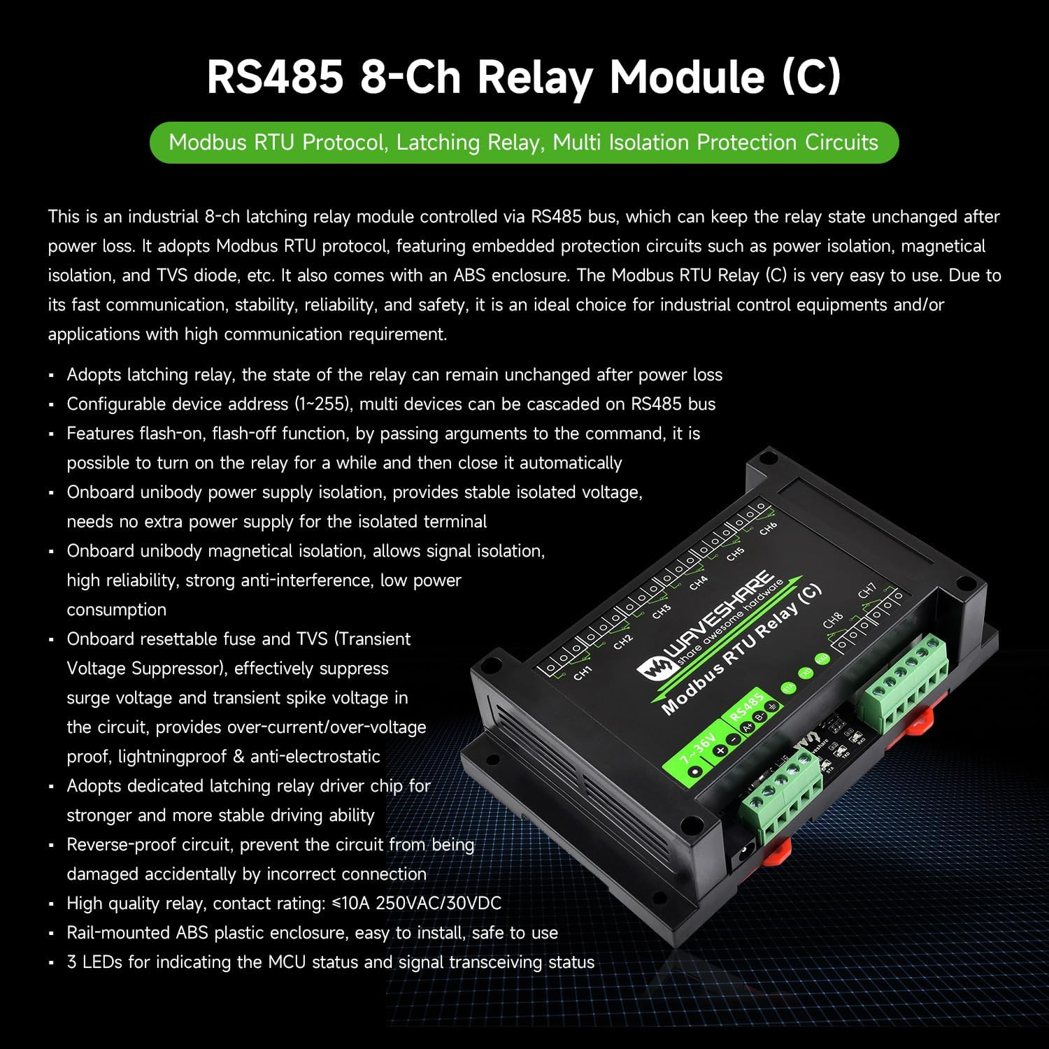 Waveshare Industrial Modbus RTU 8-Ch Module (E) with RS485, 30A High Current, Multi Isolation Protection image number 3