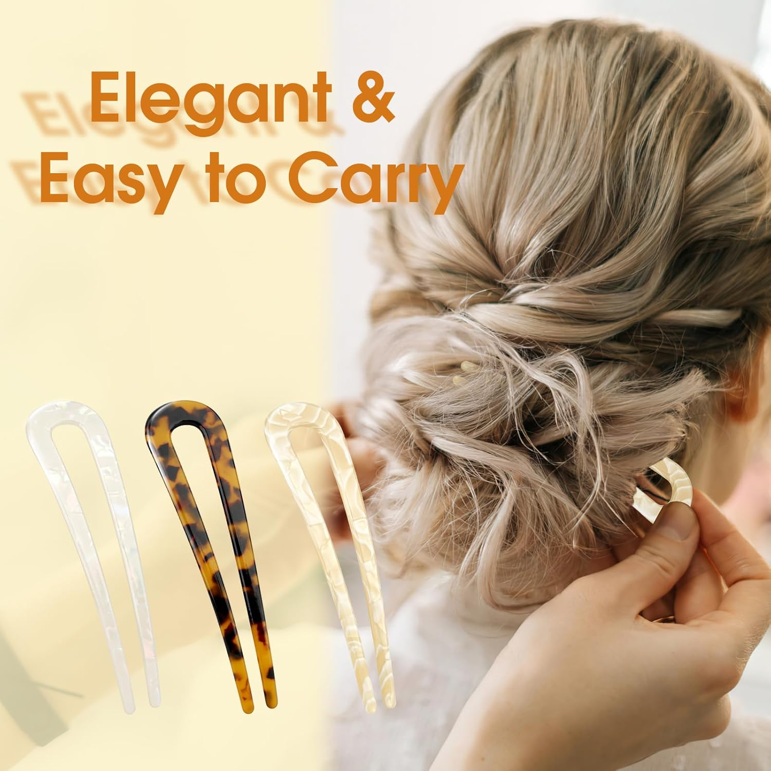 French Hair Pin 3 Pieces, U Shaped Hairpin, Acrylic Hair Pins, Large, 2 Prong Hairpin Updo for Women, Girls, Women image number 6