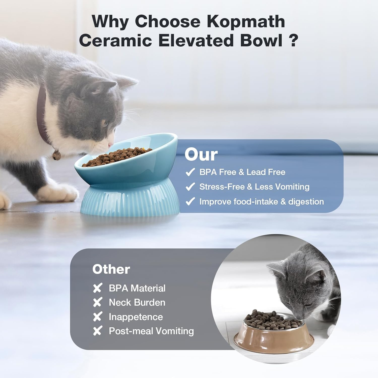 Elevated Cat Bowl, Ceramic Tilted Cat Food Bowl, anti Vomiting, Stress Free on Neck and Spine, Spill-Proof, Anti-Tipping, Dishwasher Safe, Raised Cat Bowls for Indoor Cats, Dry/Wet Food, Blue