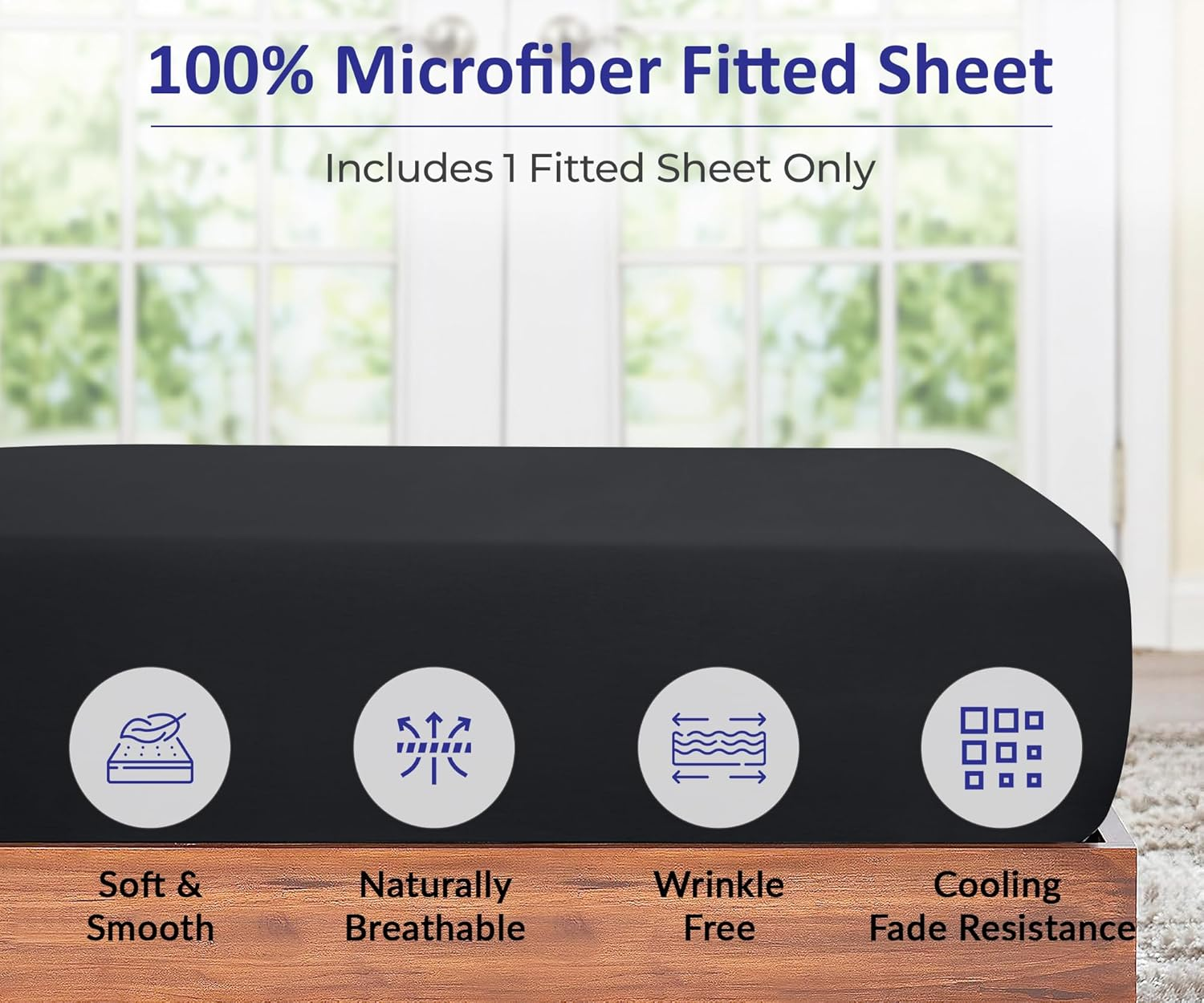 Royale Linens Fitted Sheet Queen - Brushed Hotel Quality 1800 Ultra-Soft Wrinkle & Fade Resistant - Bottom Sheet - Deep Pocket Stretches up to 16" - Fitted Sheet Only - Elastic Sheet (Queen, Black) image number 3