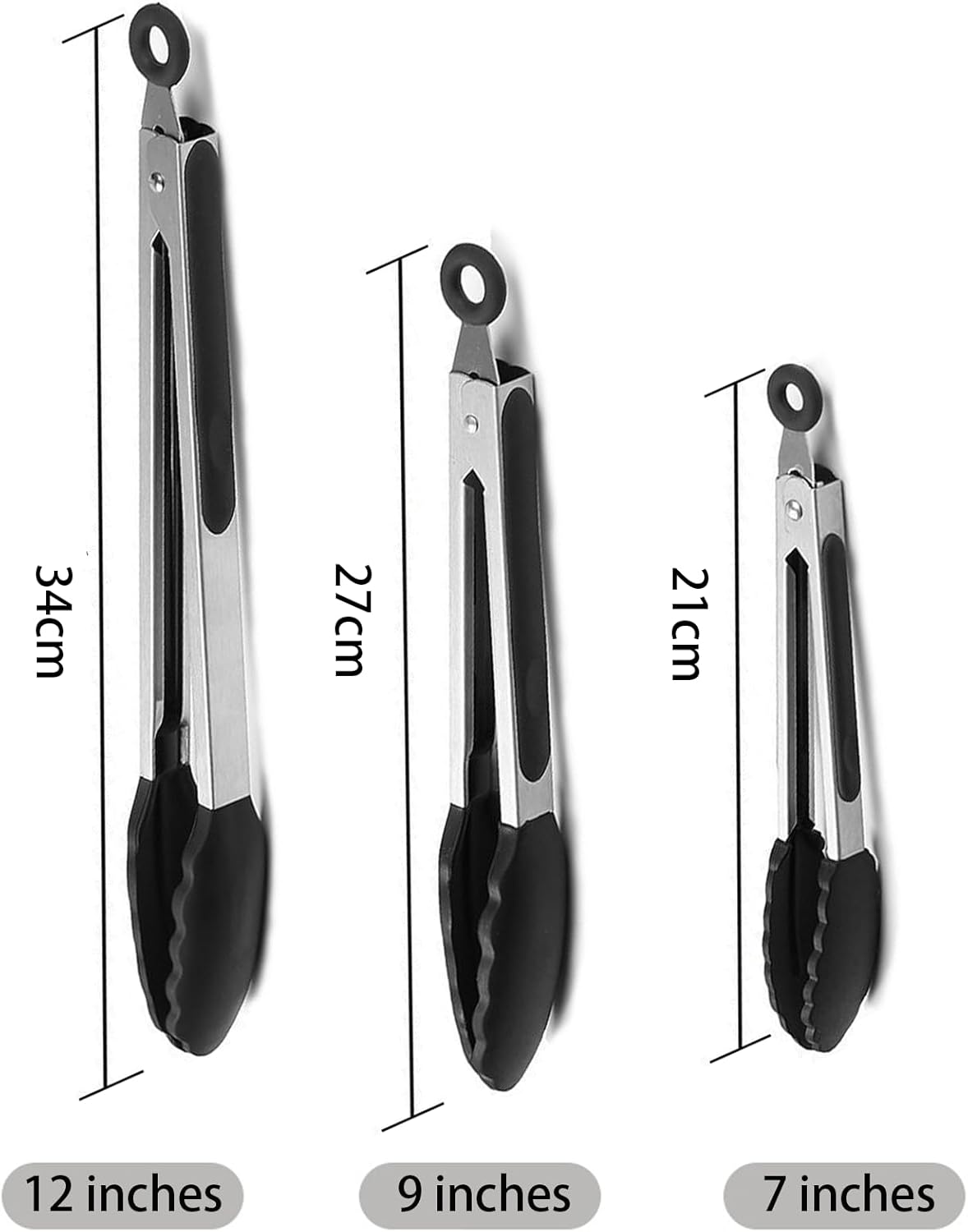 3Pcs (7", 9" & 12") Set Silicone Heat Resistant Kitchen Tongs,Premium Locking Cooking Tongs with Silicone Tips, Non-Slip Food Tongs for Cooking, Non-Stick, Stainless Steel Handle, image number 2