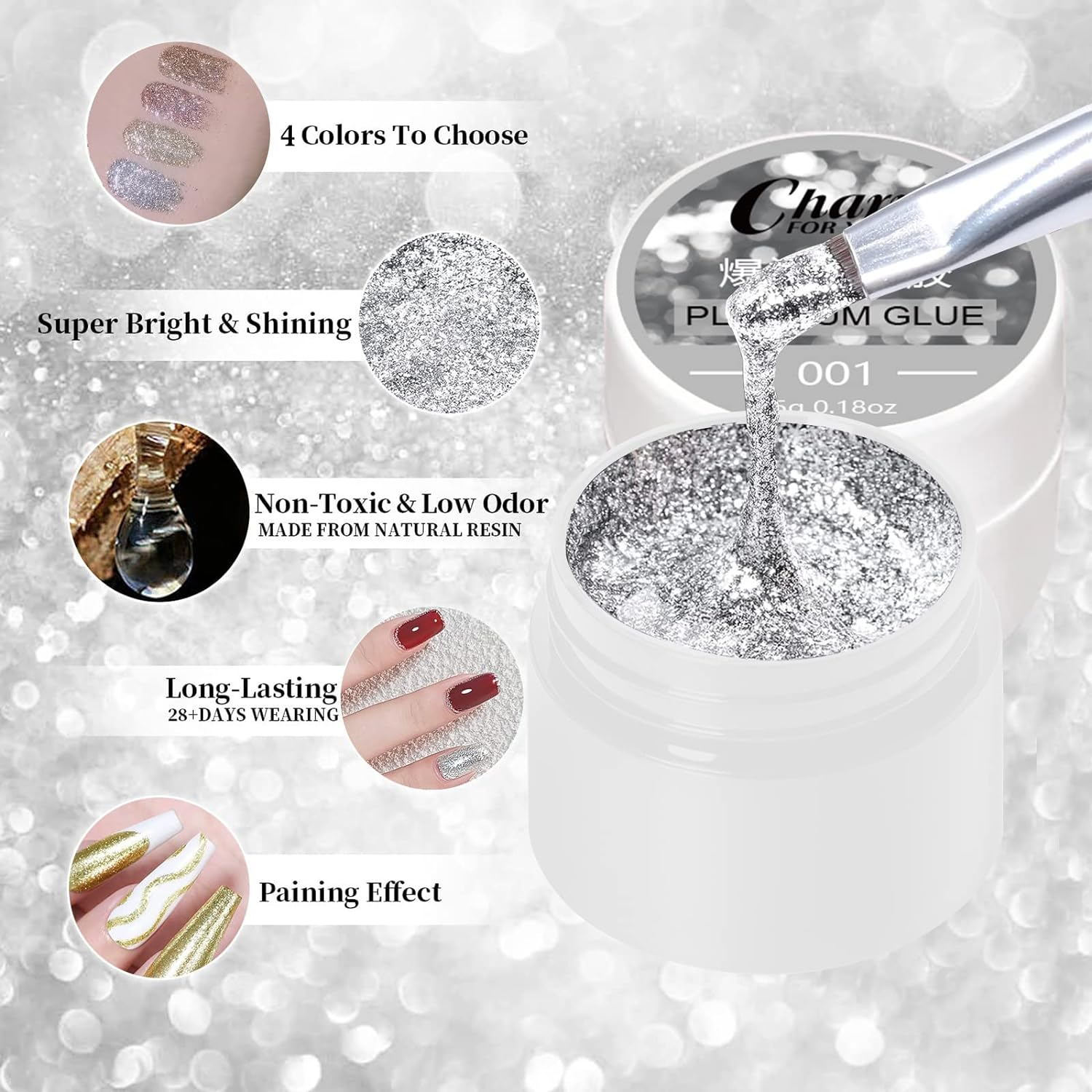 VERONNI Glitter Gel Nail Polish Chrome Platinum Glitter Gel Nail Polish Set, Sparkly Shiny Silver Gold Pink Champagne 4 Colors Nail Art Painting Drawing Home DIY Manicure Nail Salon image number 6