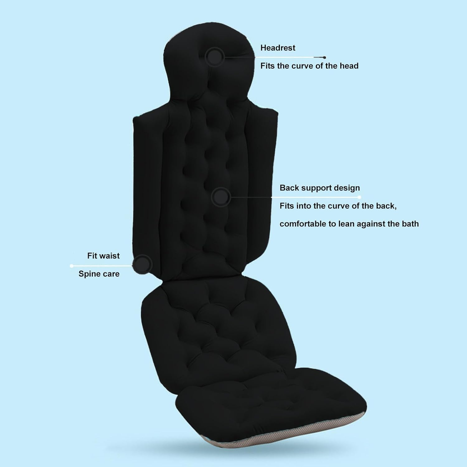 Full Body Bath Pillow, Ergonomic Design Non Slip Base, 132Cm Length, 3D Air Mesh, for Bathtubs, Swimming Pools, Hot Springs (Black) image number 4